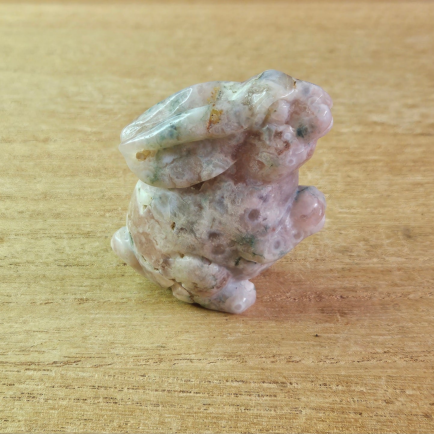 Green Flower Agate Standing Rabbit Carving.