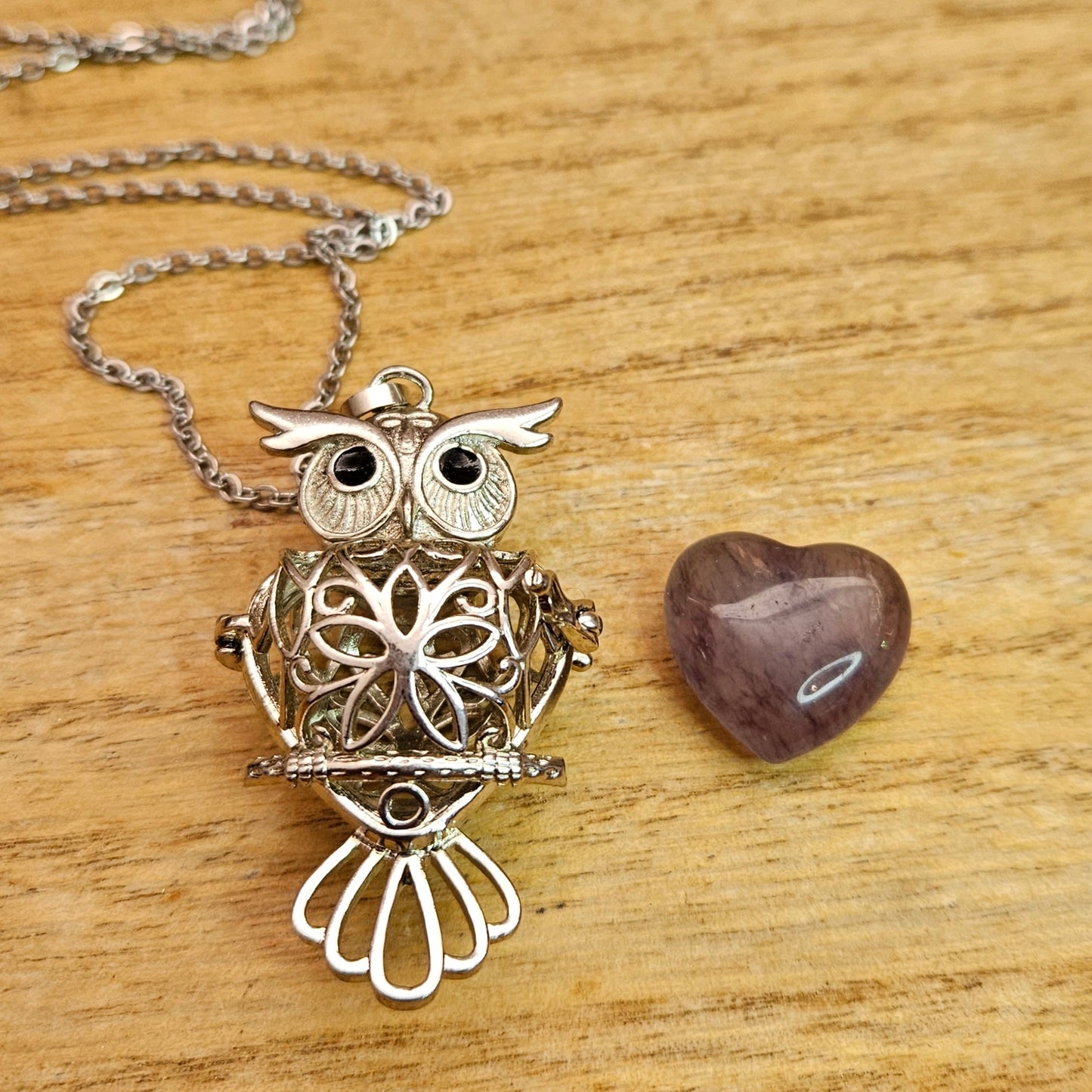 Owl Cage Necklace & Fluorite Heart.