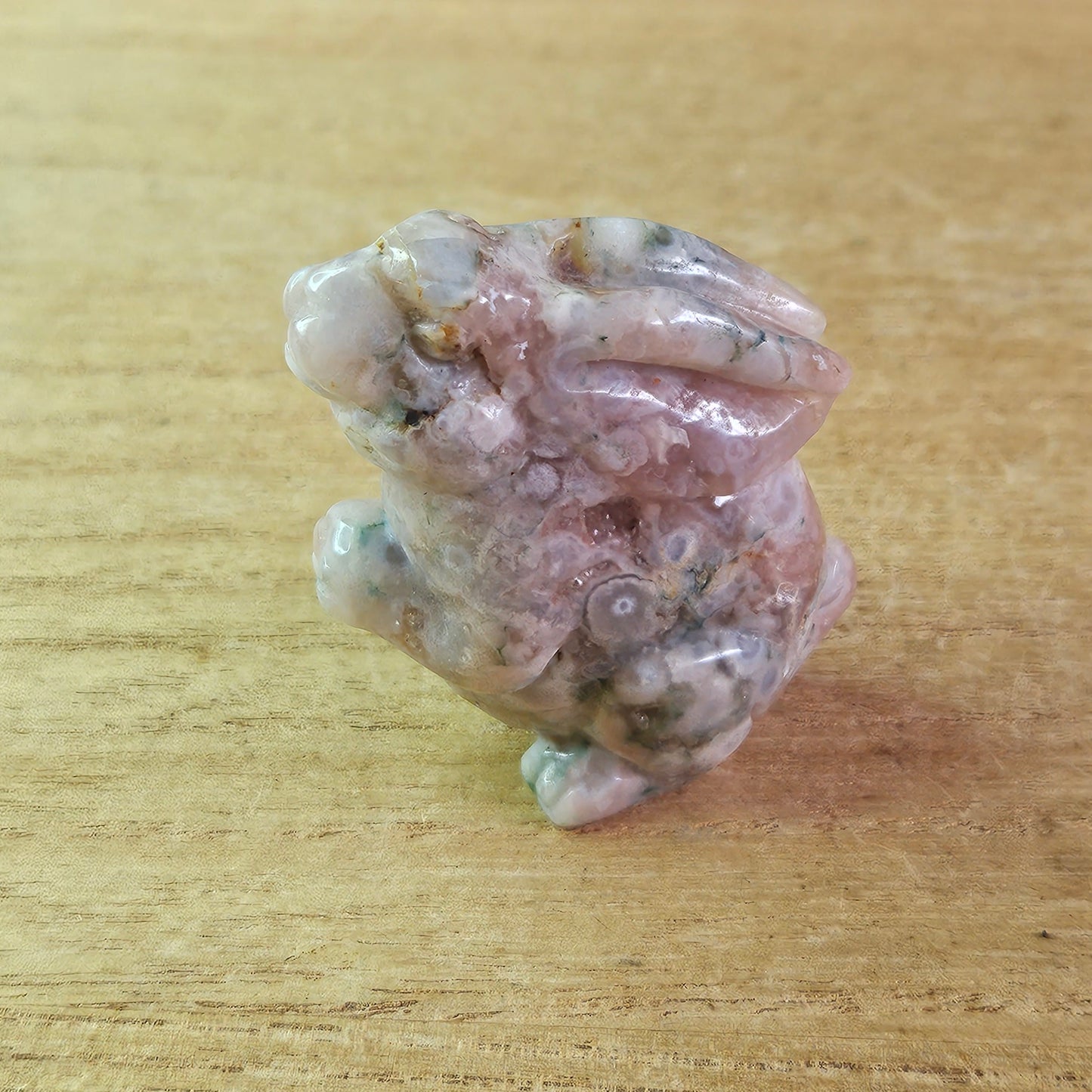 Green Flower Agate Standing Rabbit Carving.