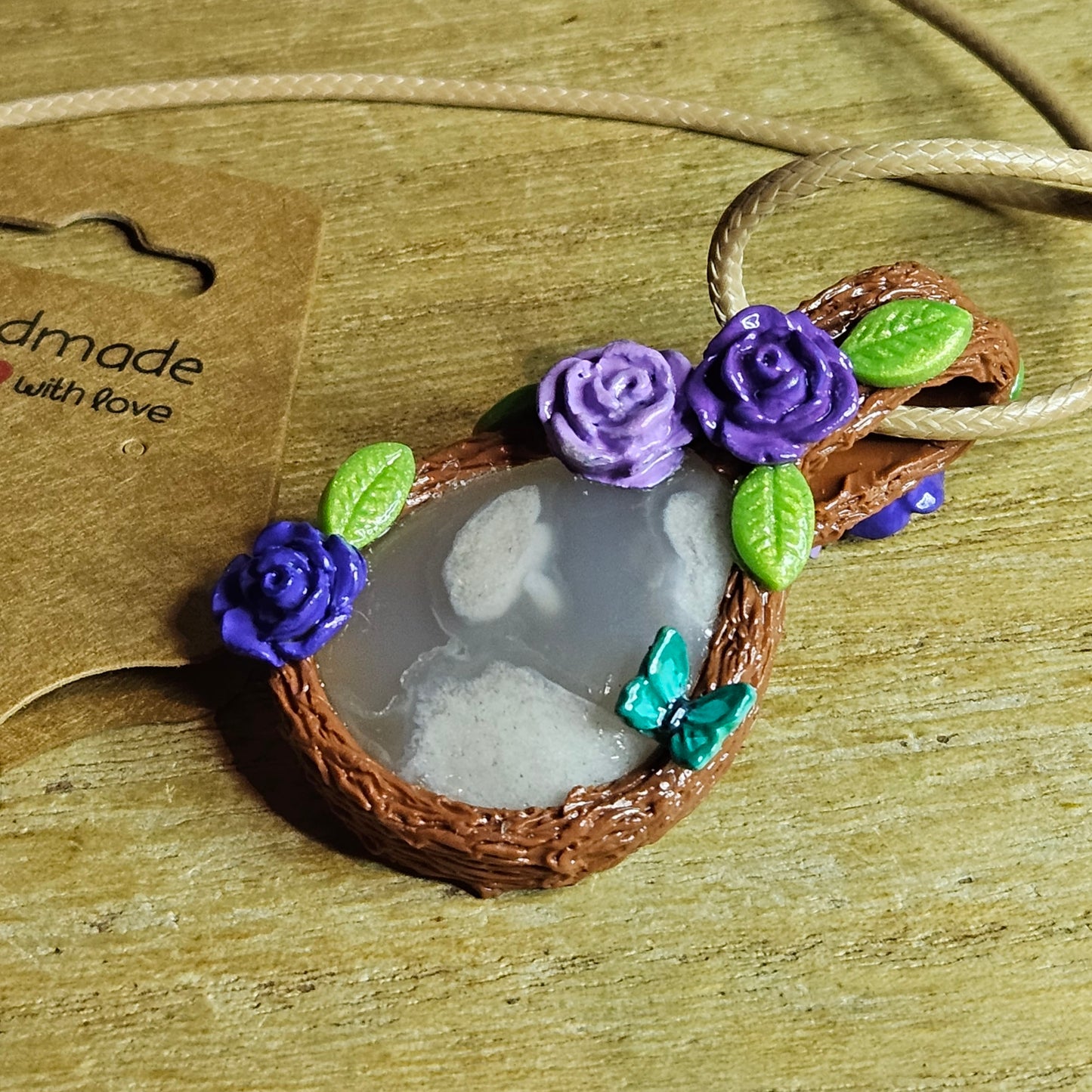 Handmade Flower Agate Butterfly & Roses Pendant.
