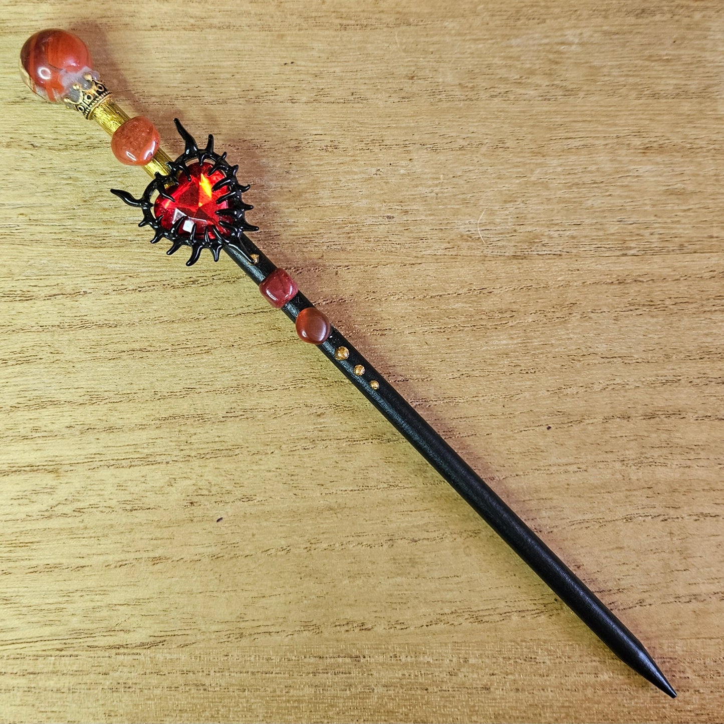 Black and Gold Spiked Heart Wand. Red Jasper.