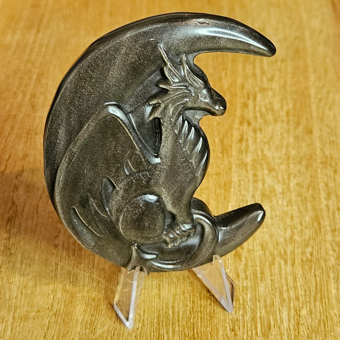 Silver Sheen Obsidian Moon Dragon Flat Carving.
