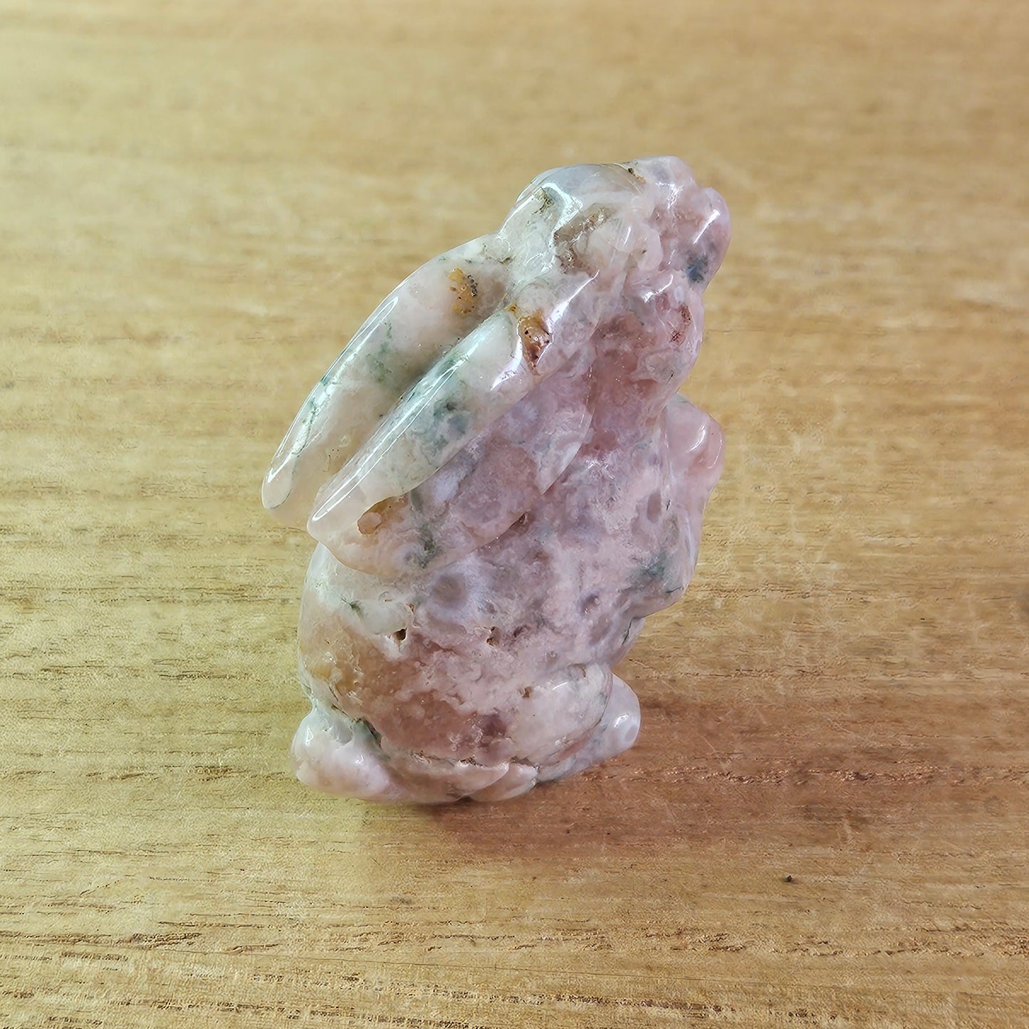 Green Flower Agate Standing Rabbit Carving.