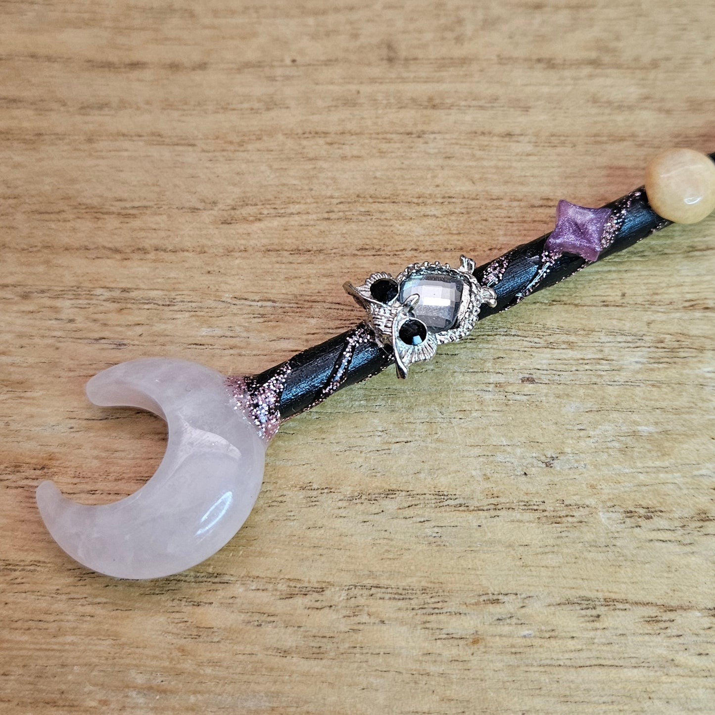 Black Moon Owl Wand. Rose Quartz.