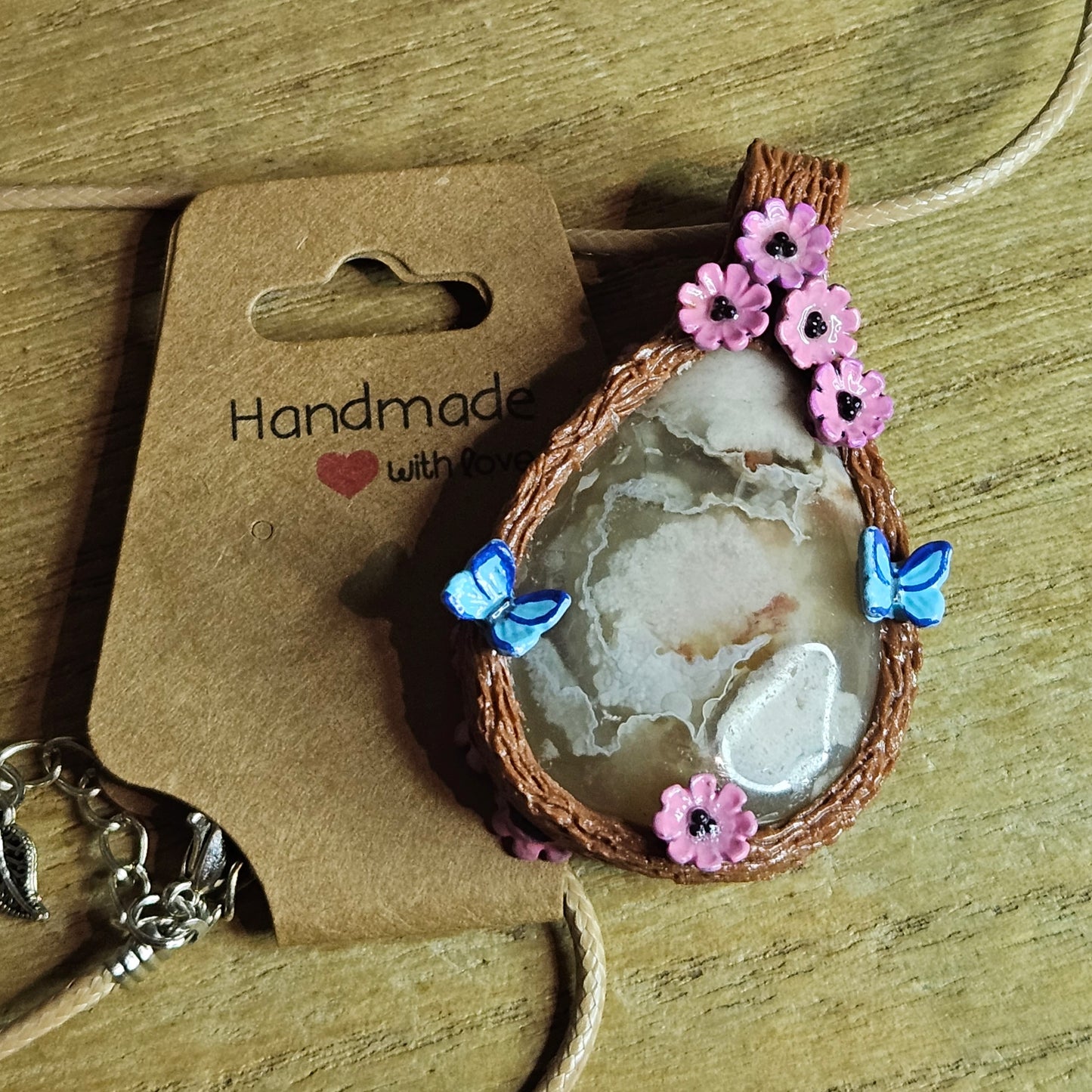 Handmade Flower Agate Butterfly & Cherry Blossom Pendant.