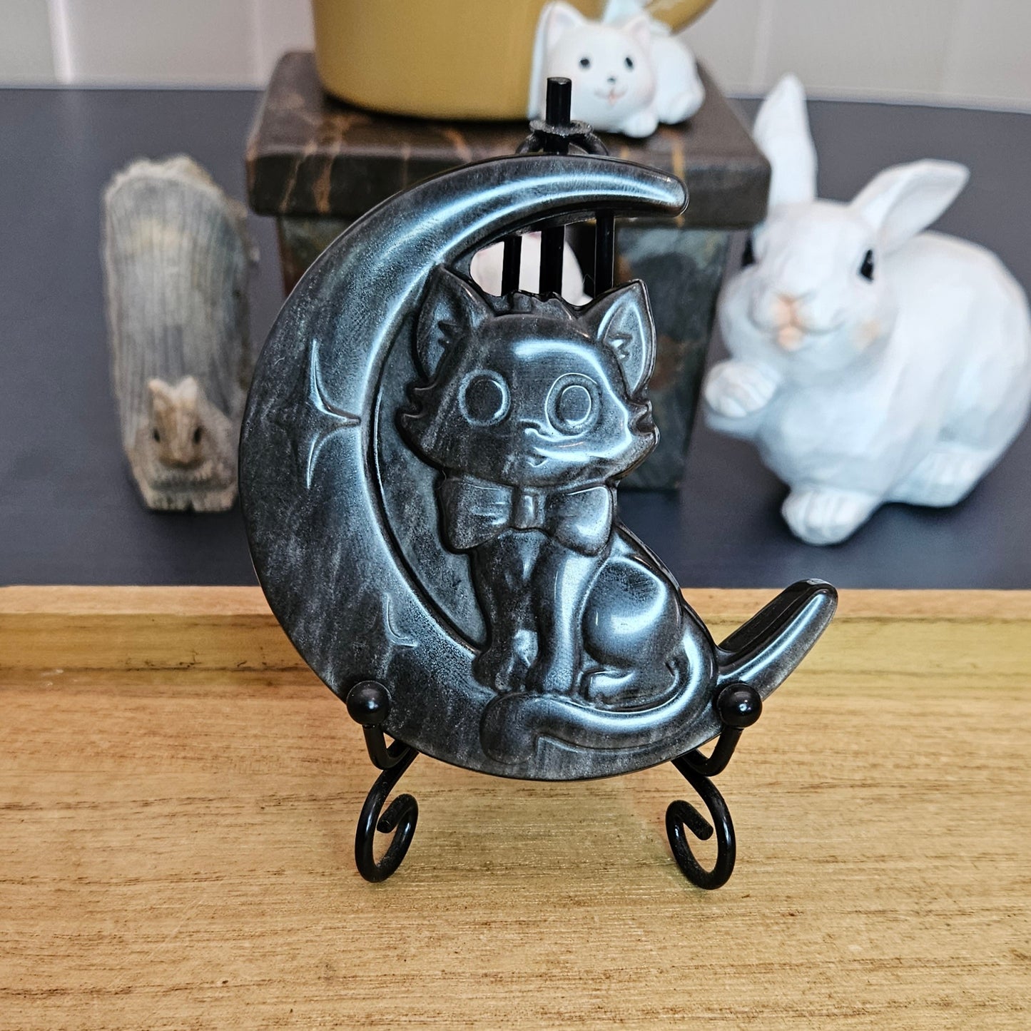 Silver Sheen Obsidian Cat Moon Flat Carving.