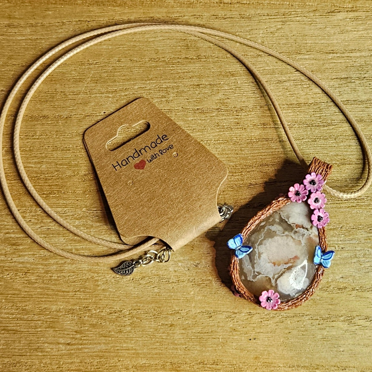 Handmade Flower Agate Butterfly & Cherry Blossom Pendant.