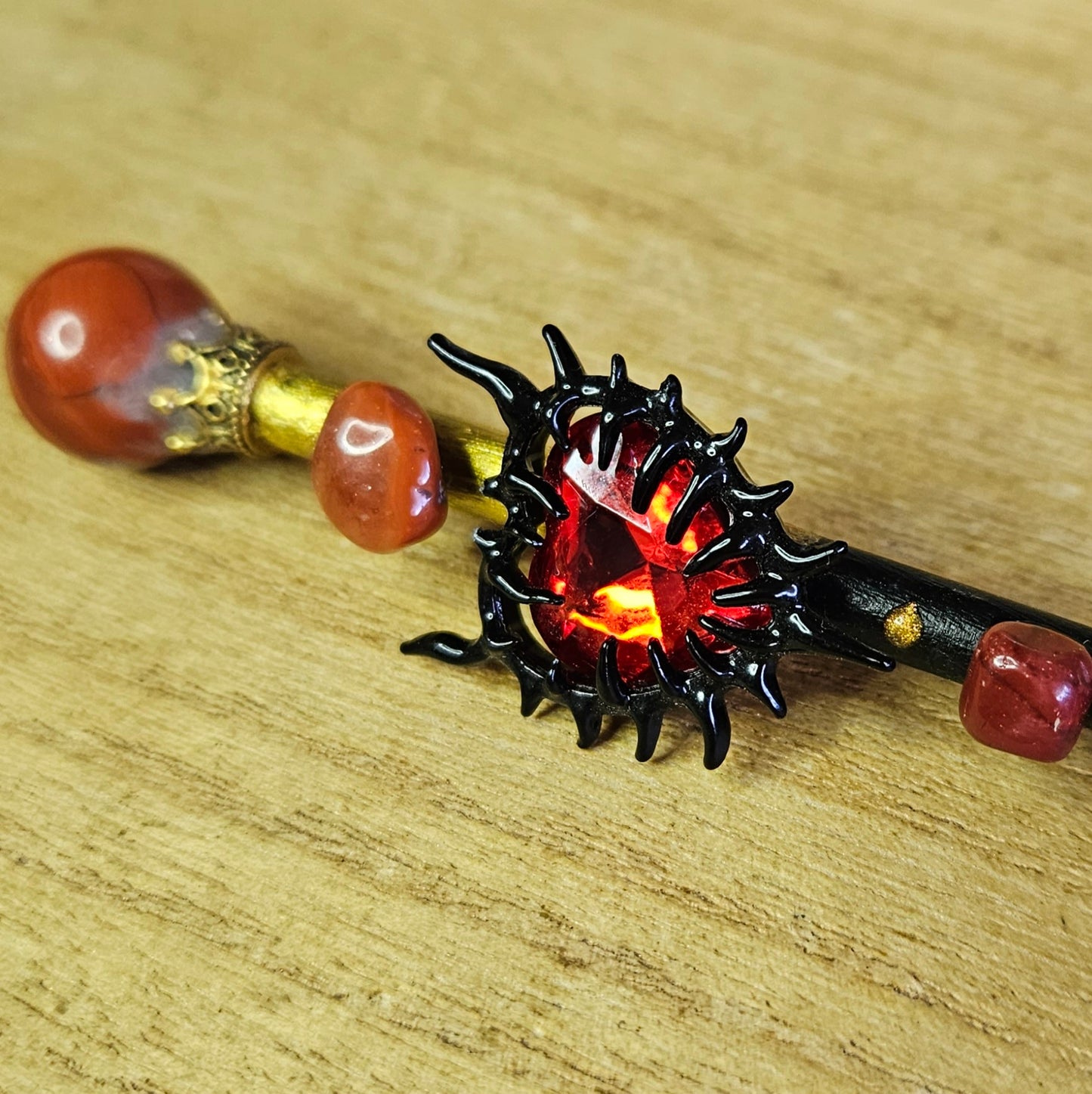 Black and Gold Spiked Heart Wand. Red Jasper.