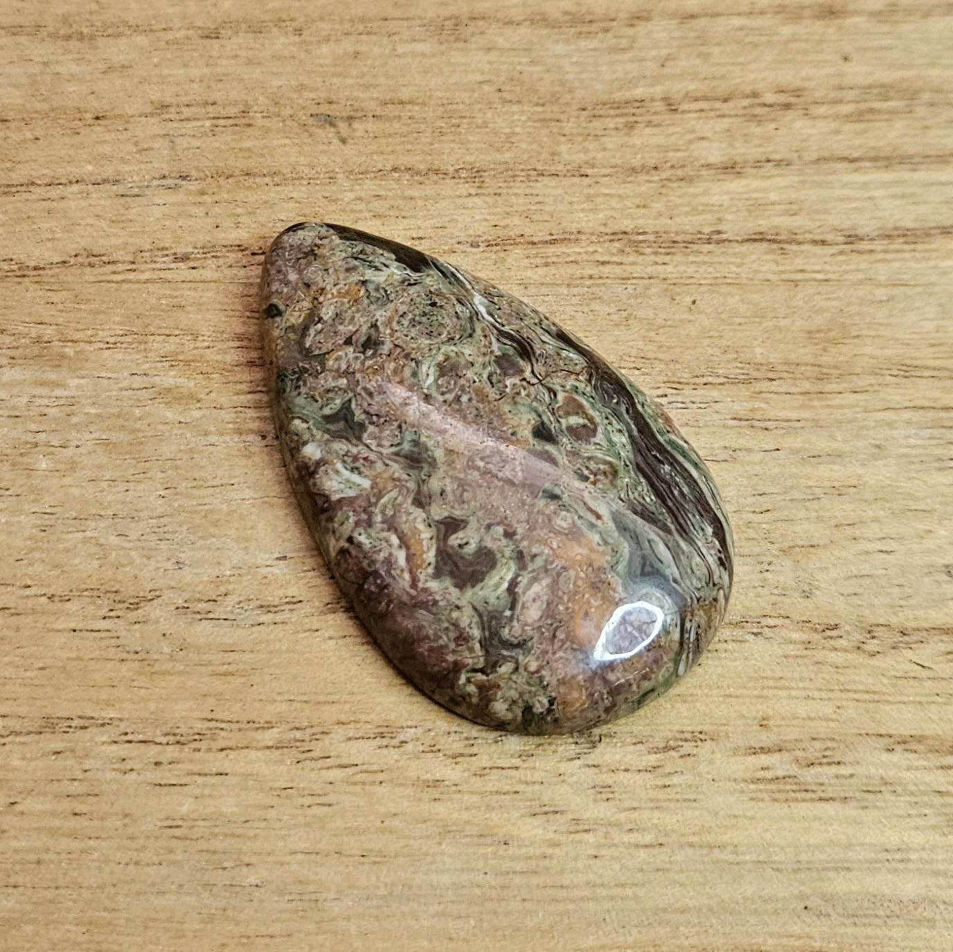 Rainforest Rhyolite Tear-drop Cabochon.