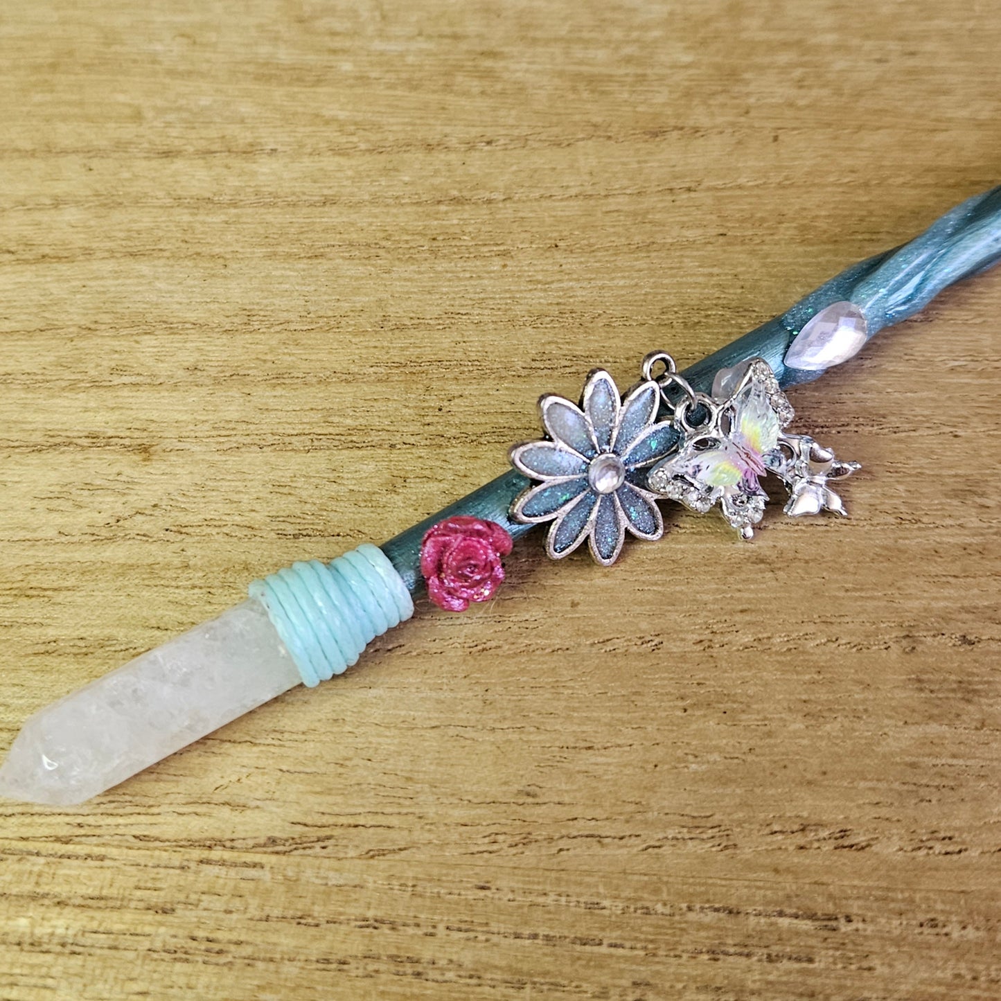 Green Butterfly & Flower Wand. Clear Quartz.