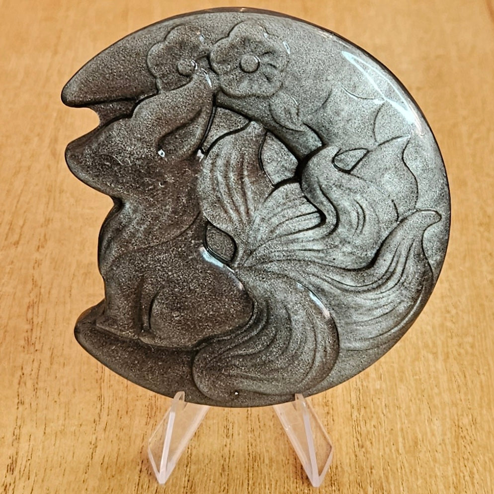Silver Sheen Obsidian Moon Fox Flat Carving.