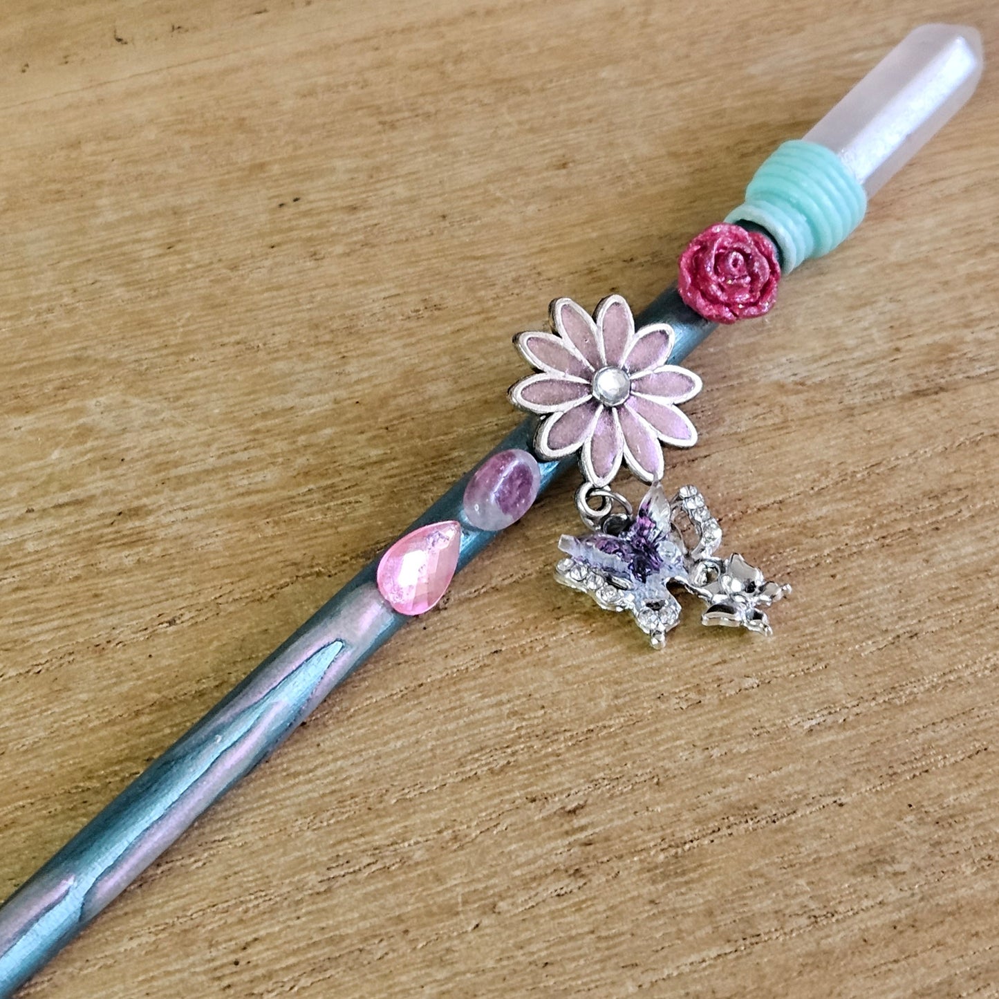Green Butterfly & Flower Wand. Rose Quartz.