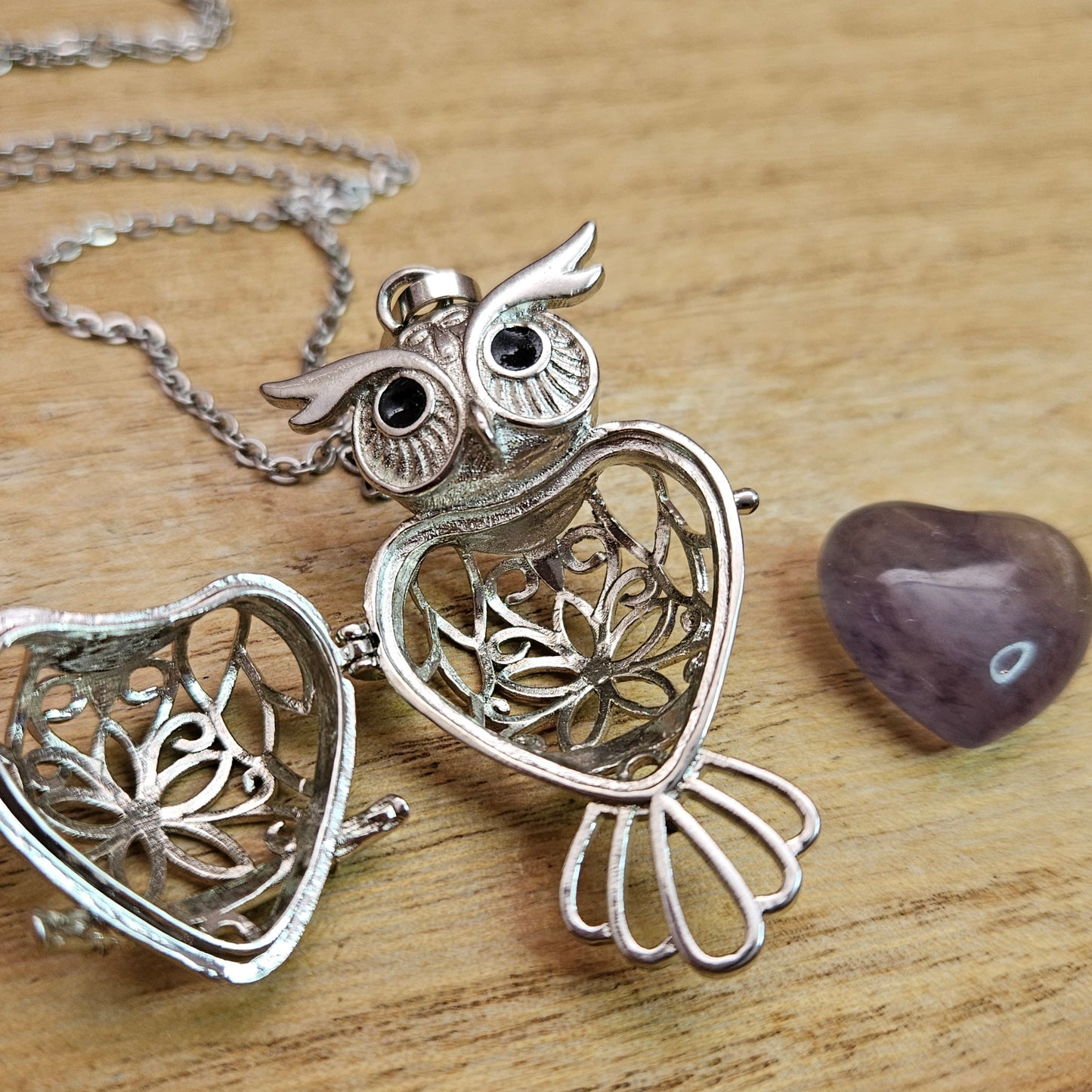 Owl Cage Necklace & Fluorite Heart.