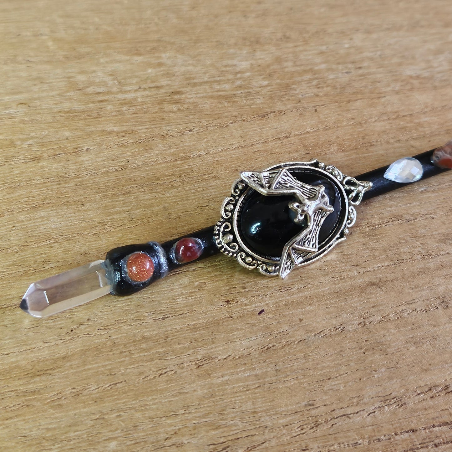 Black Bat Wand. Clear Quartz.