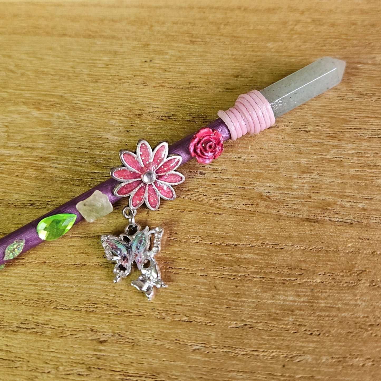 Pink Butterfly & Flower Wand. Green Aventurine.