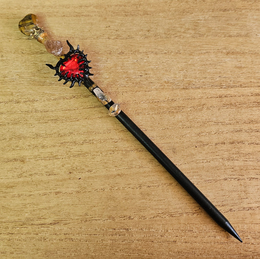 Black and Gold Spiked Heart Wand. Tiger's Eye.