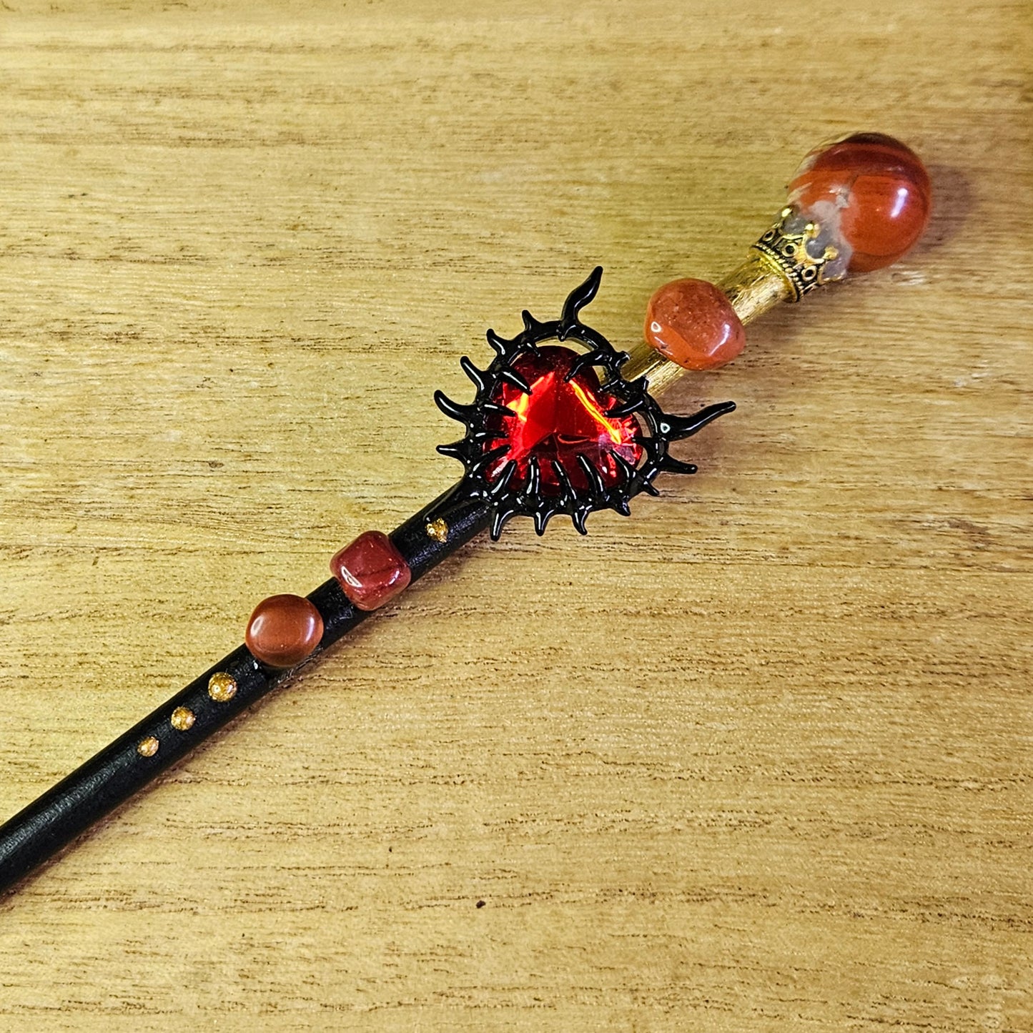 Black and Gold Spiked Heart Wand. Red Jasper.