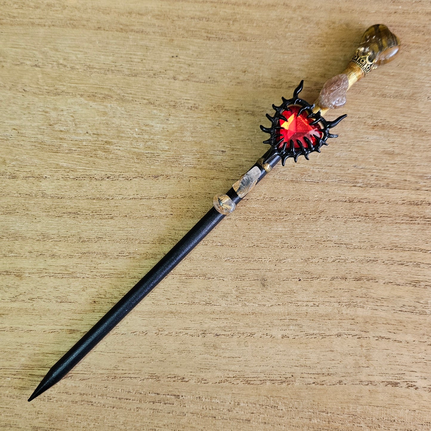 Black and Gold Spiked Heart Wand. Tiger's Eye.