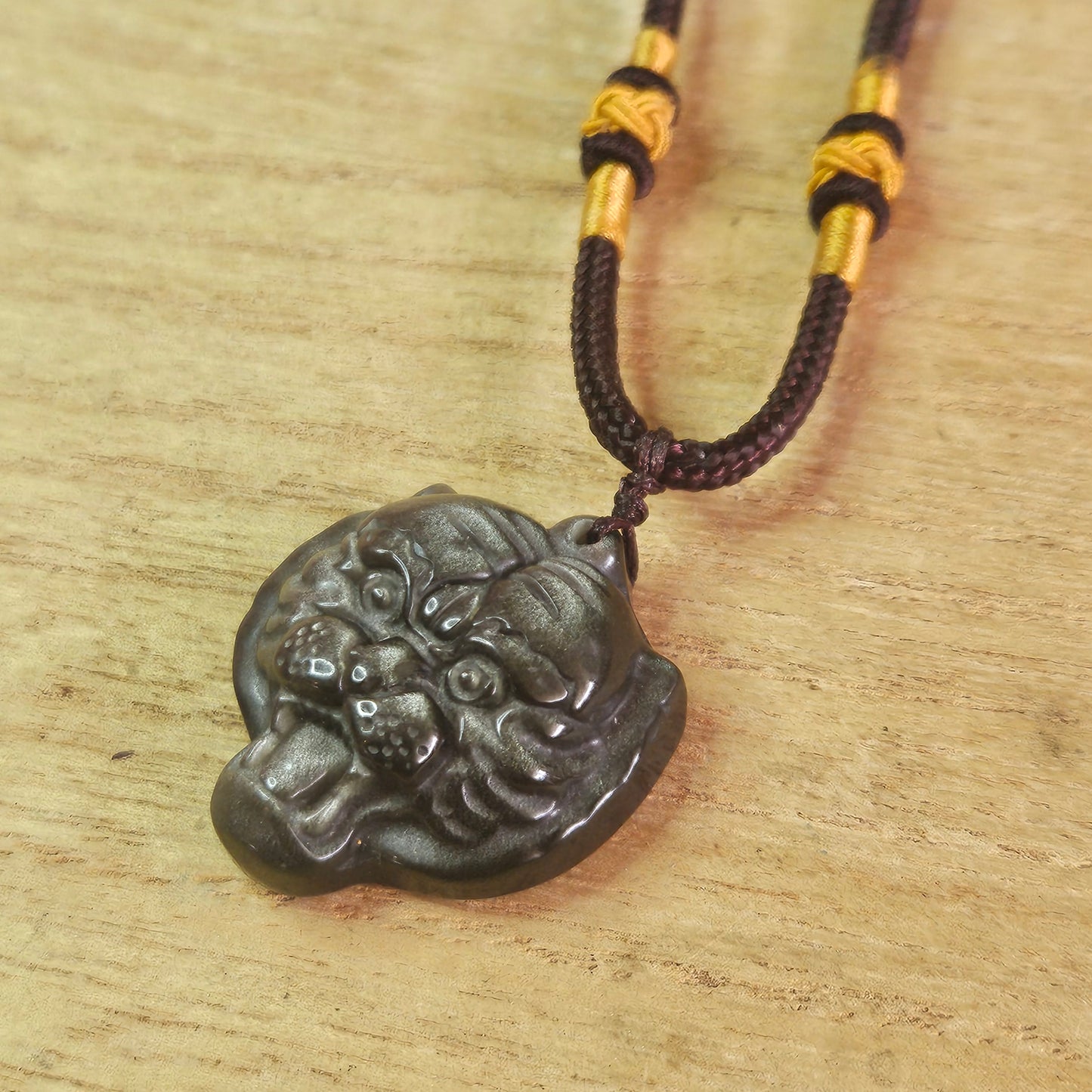 Silver Sheen Obsidian Tiger Pendant & Fabric Necklace.