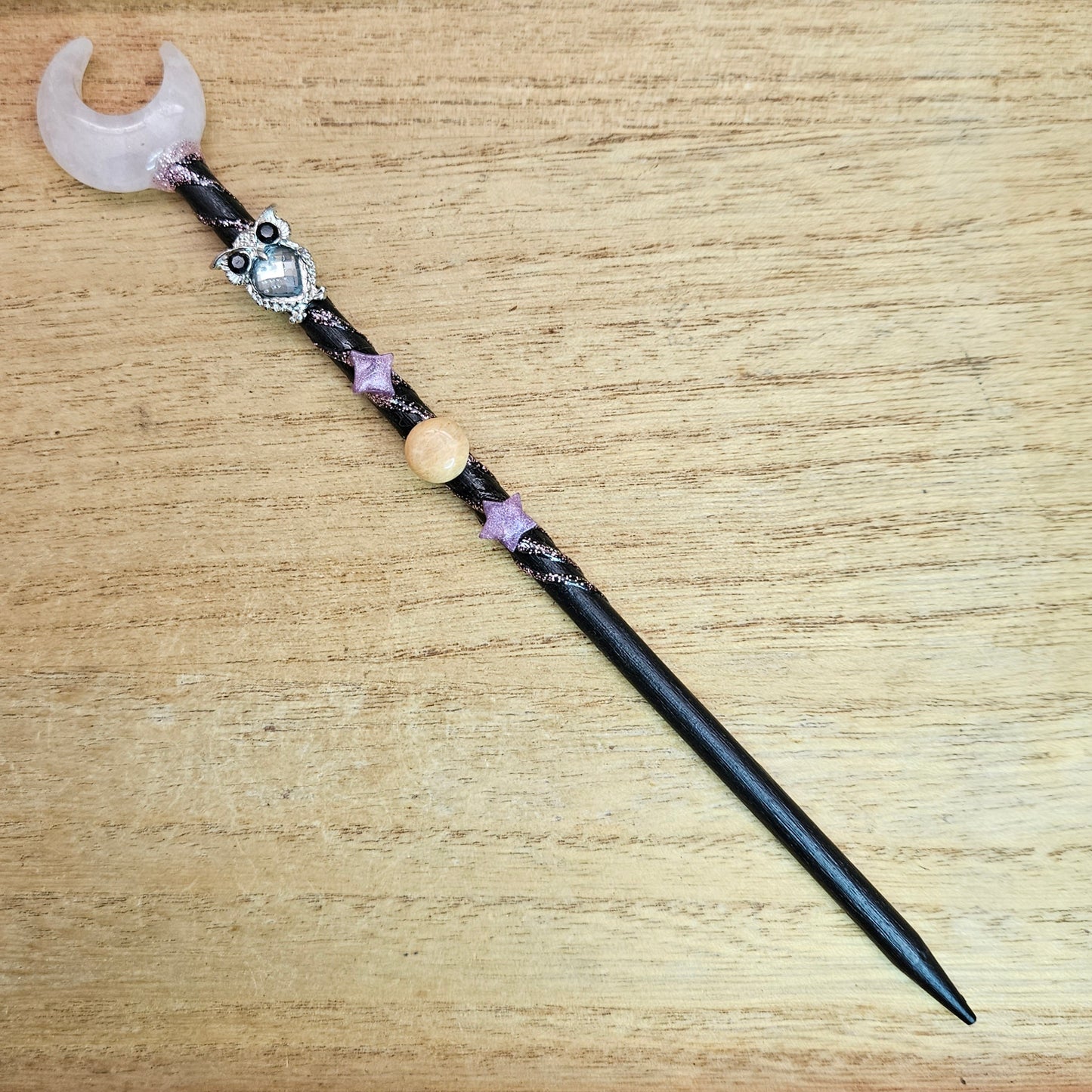 Black Moon Owl Wand. Rose Quartz.