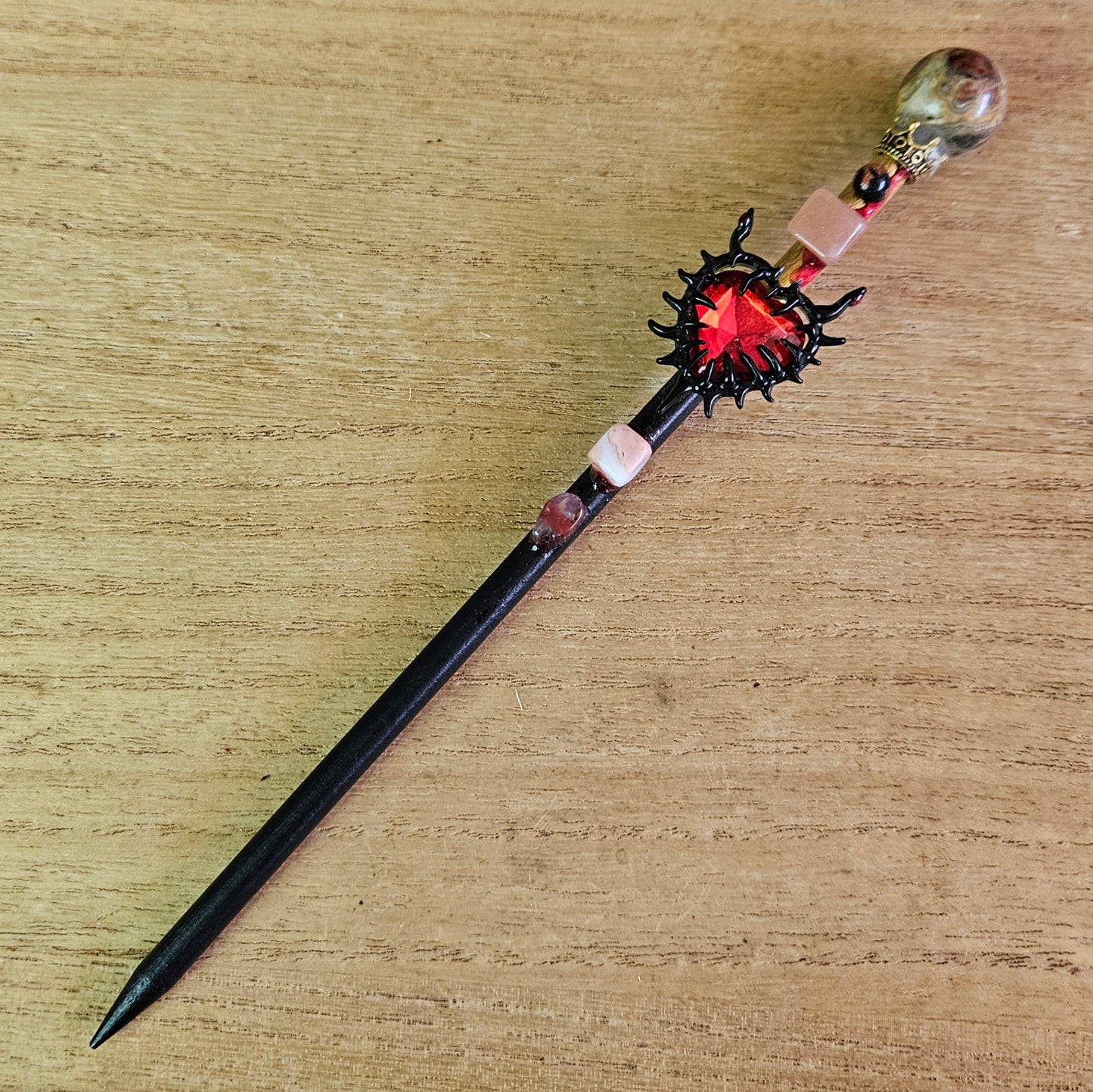 Black and Gold Spiked Heart Wand. Crazy Lace Agate.