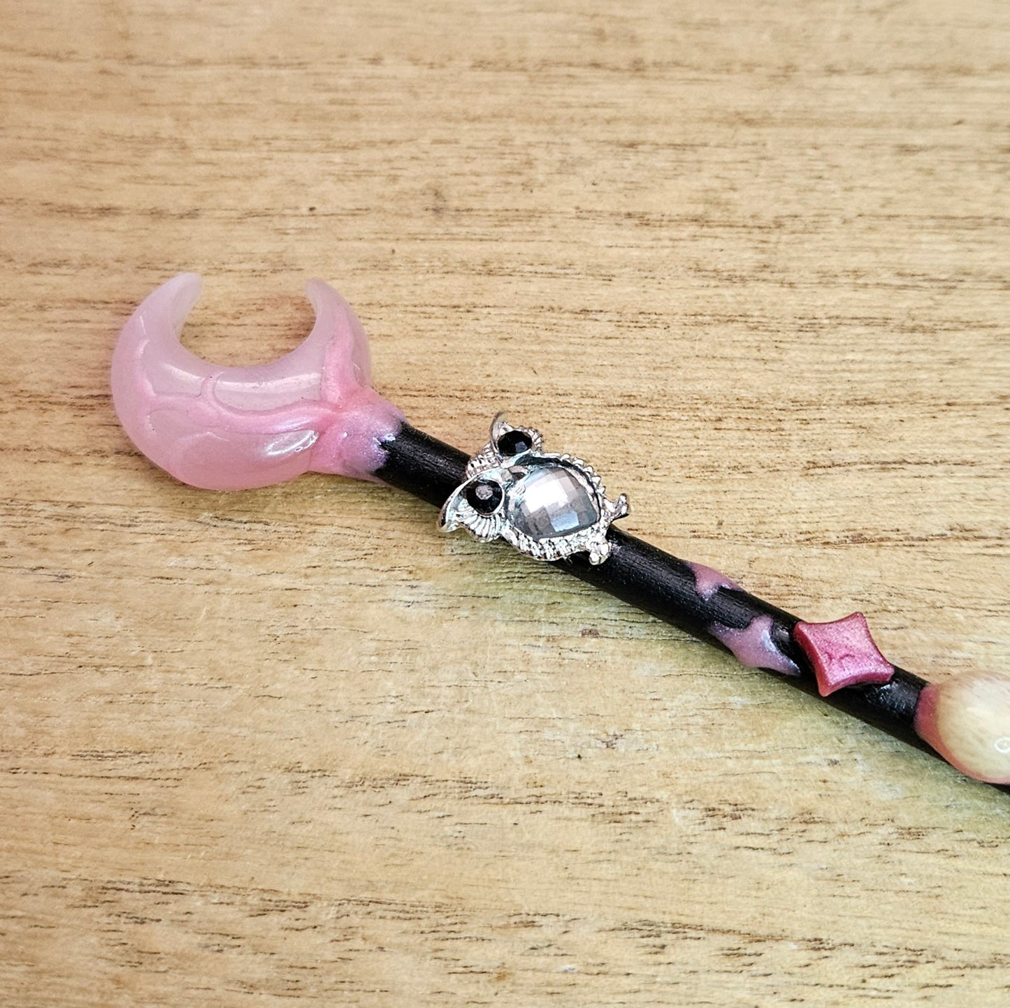 Black Moon Owl Wand. Pink Cats Eye.
