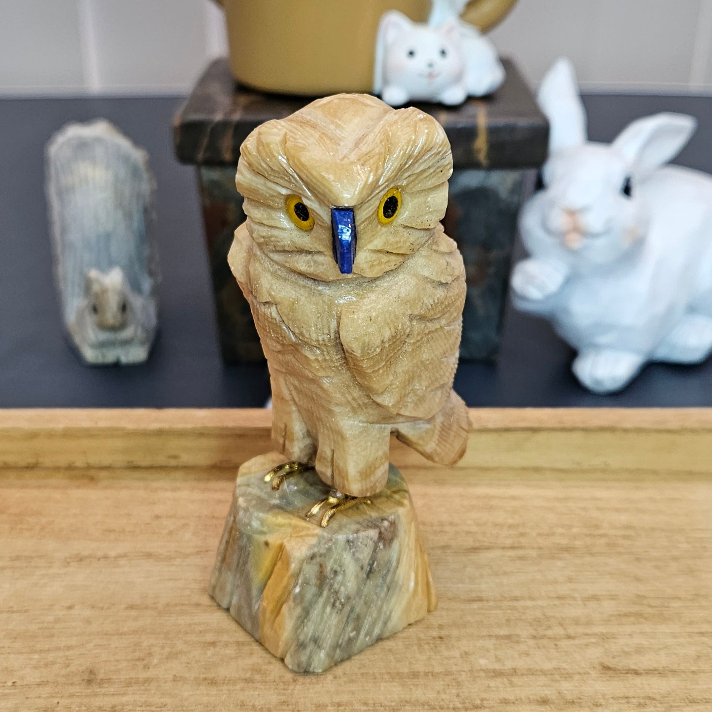 Yellow Banded Calcite Owl Carving.