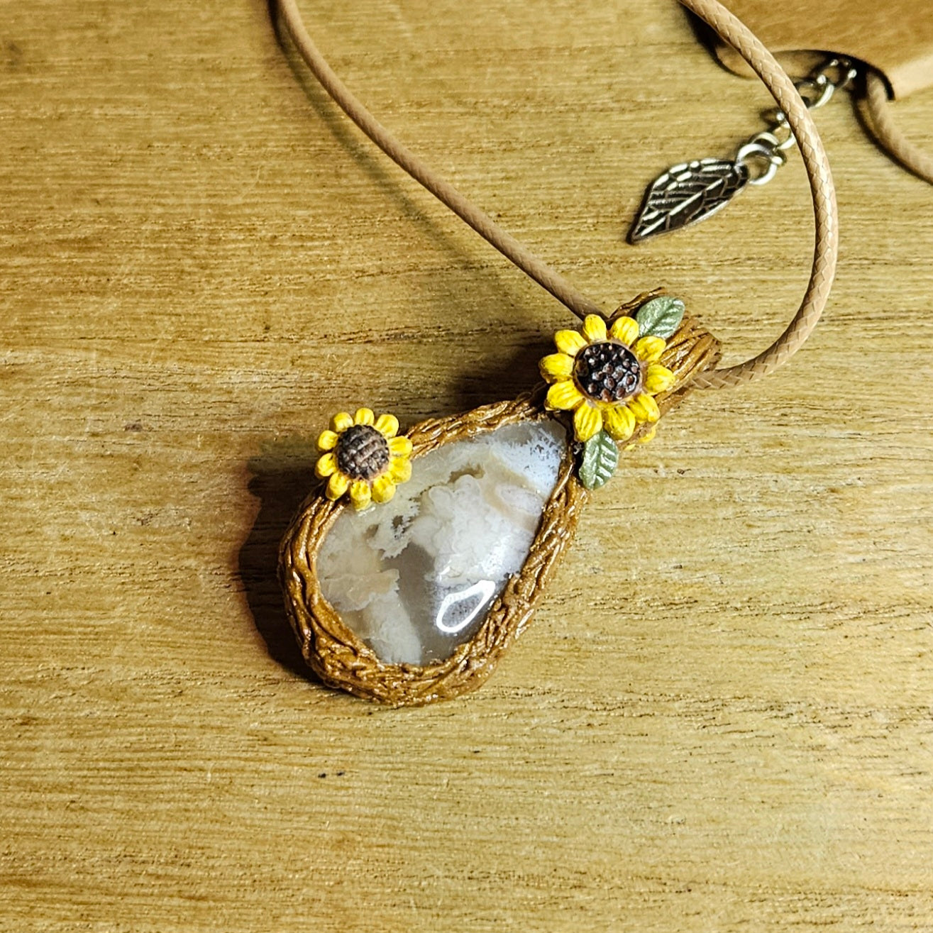 Handmade Flower Agate Butterfly & Sunflower Pendant.