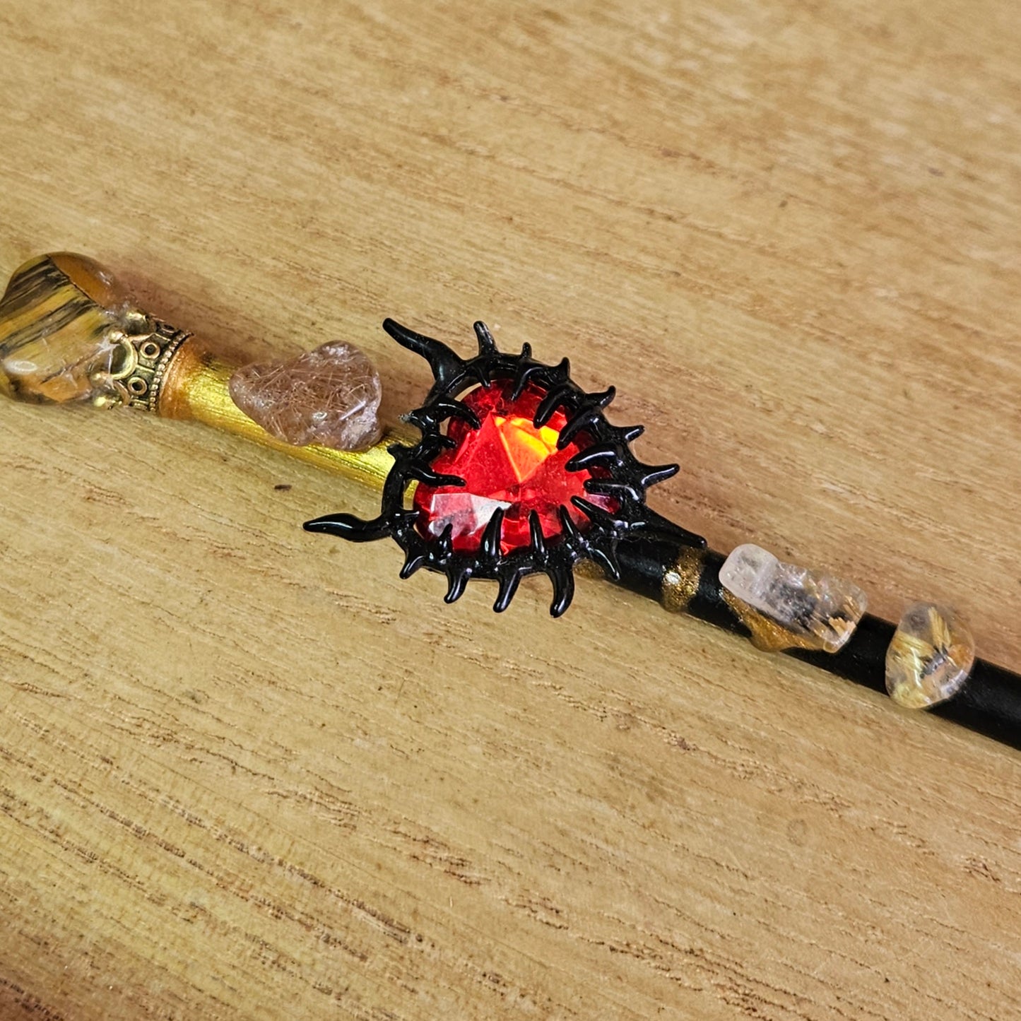 Black and Gold Spiked Heart Wand. Tiger's Eye.