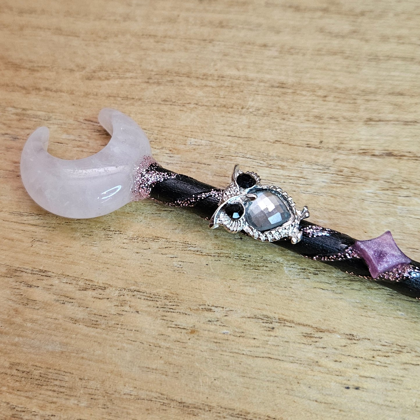 Black Moon Owl Wand. Rose Quartz.