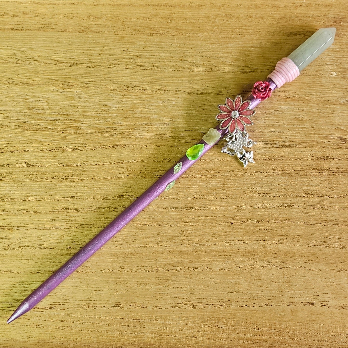 Pink Butterfly & Flower Wand. Green Aventurine.