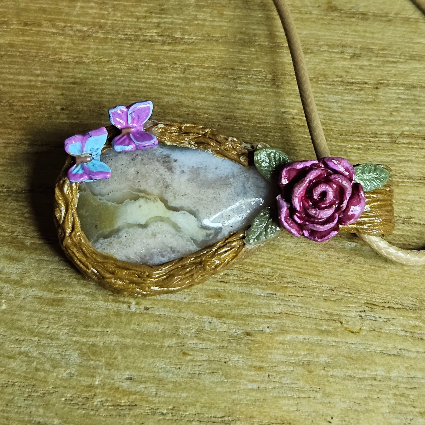 Handmade Flower Agate Butterfly & Roses Pendant.