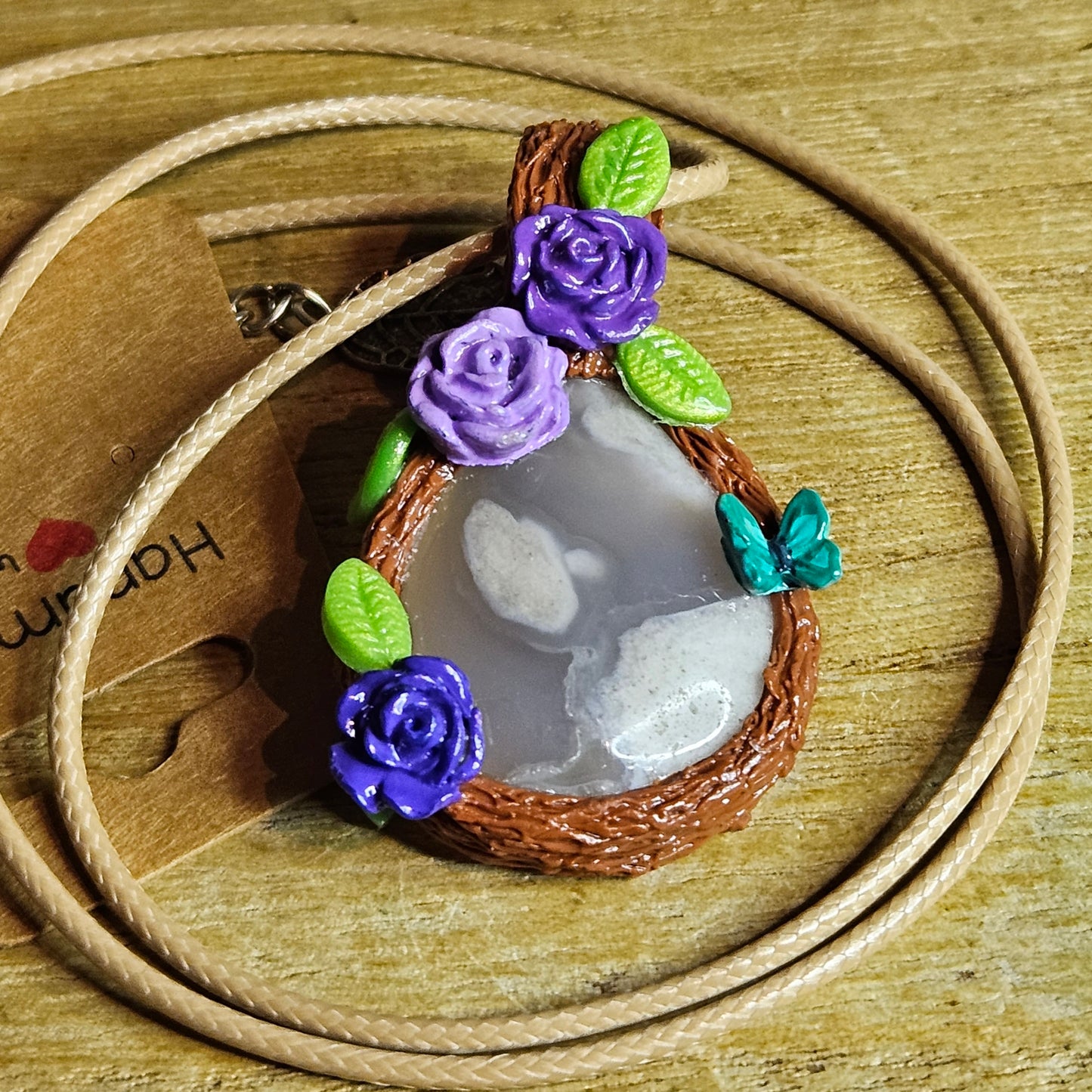 Handmade Flower Agate Butterfly & Roses Pendant.