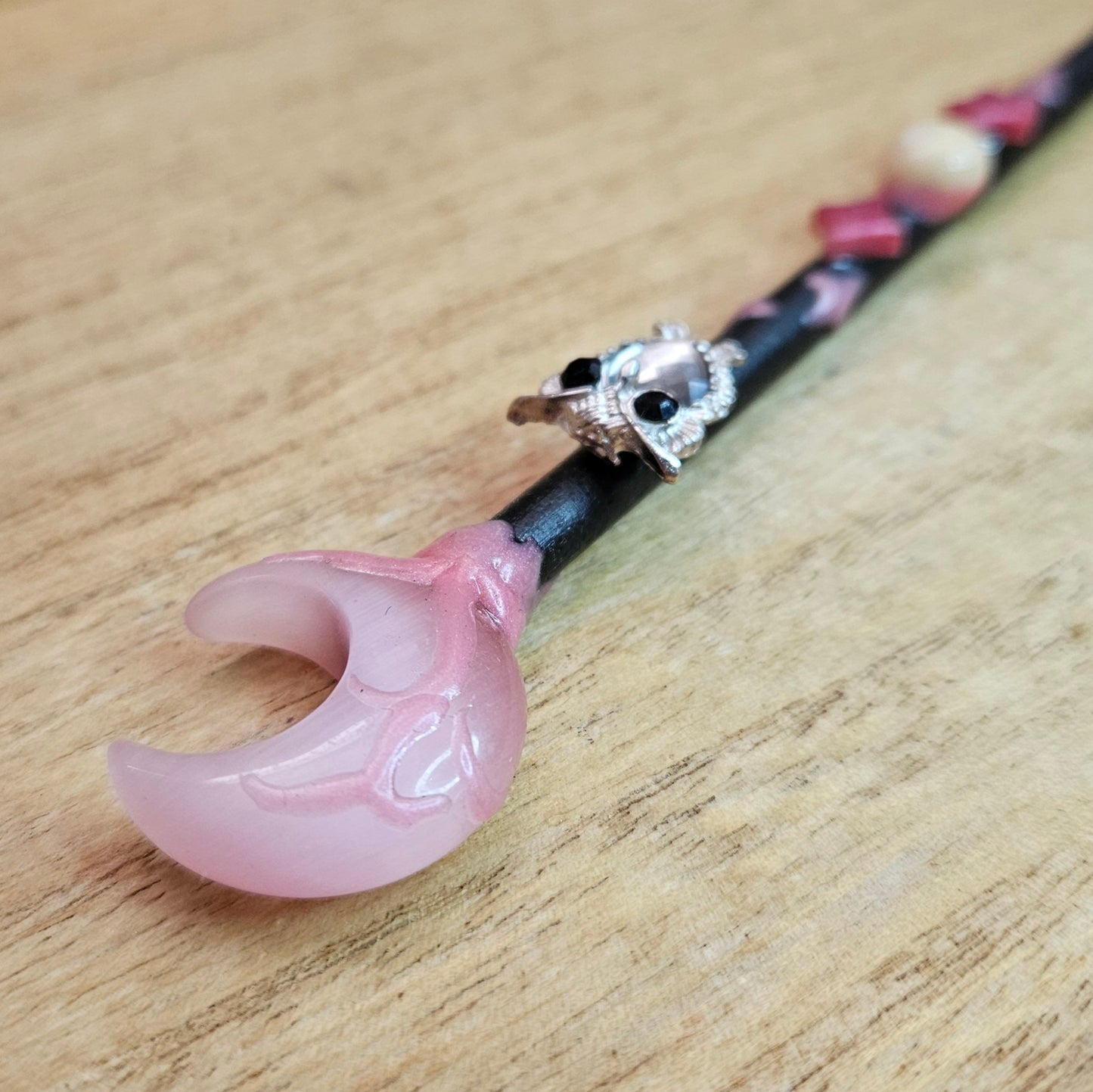 Black Moon Owl Wand. Pink Cats Eye.