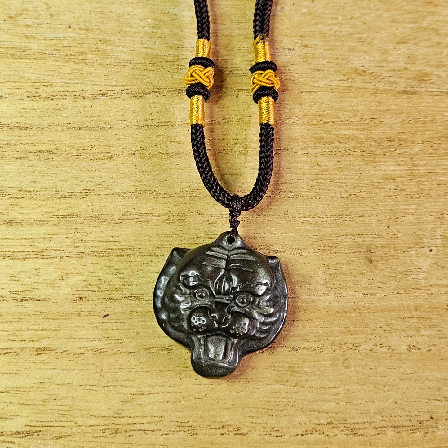 Silver Sheen Obsidian Tiger Pendant & Fabric Necklace.