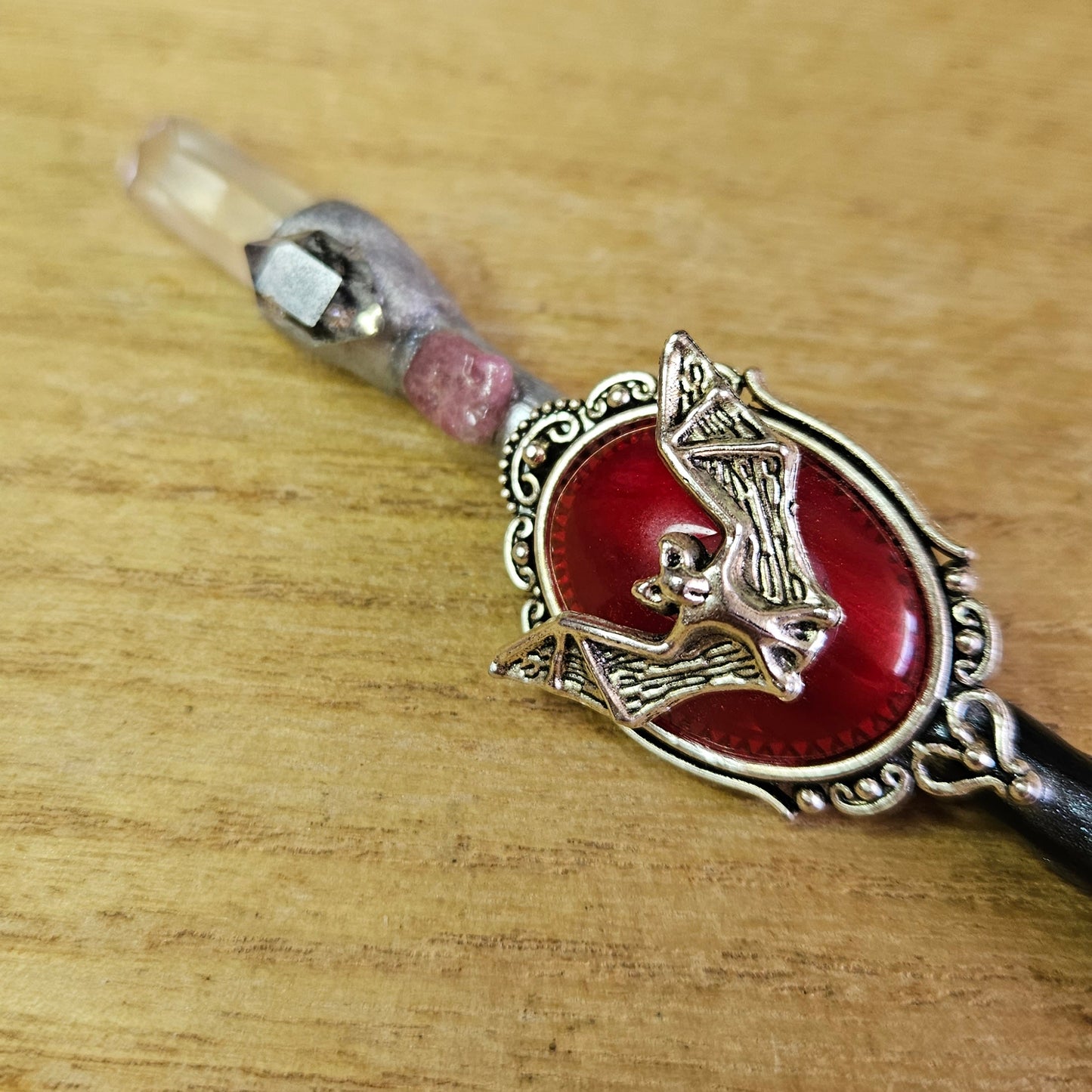 Black Bat Wand. Clear Quartz.