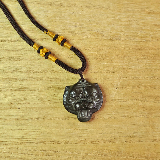 Silver Sheen Obsidian Tiger Pendant & Fabric Necklace.