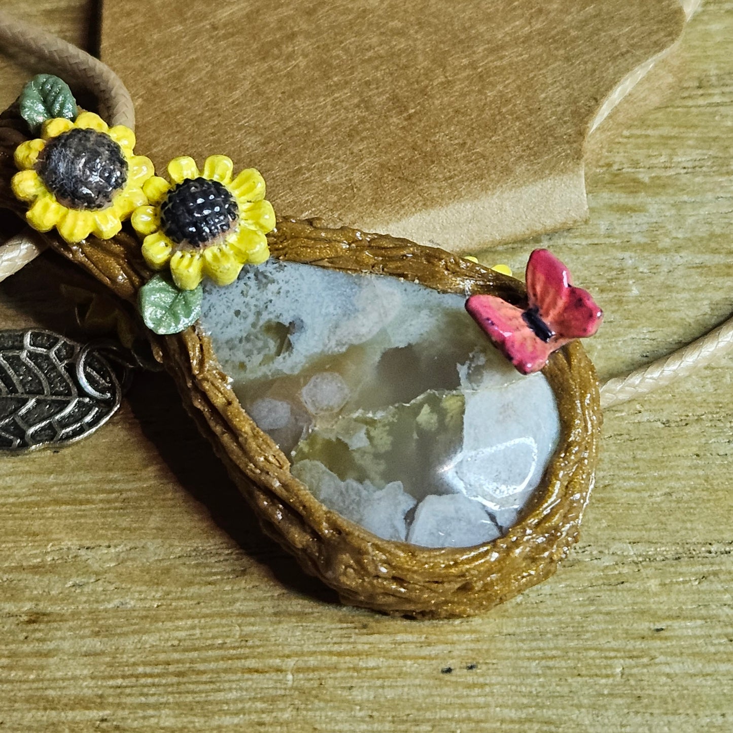 Handmade Flower Agate Butterfly & Sunflower Pendant.
