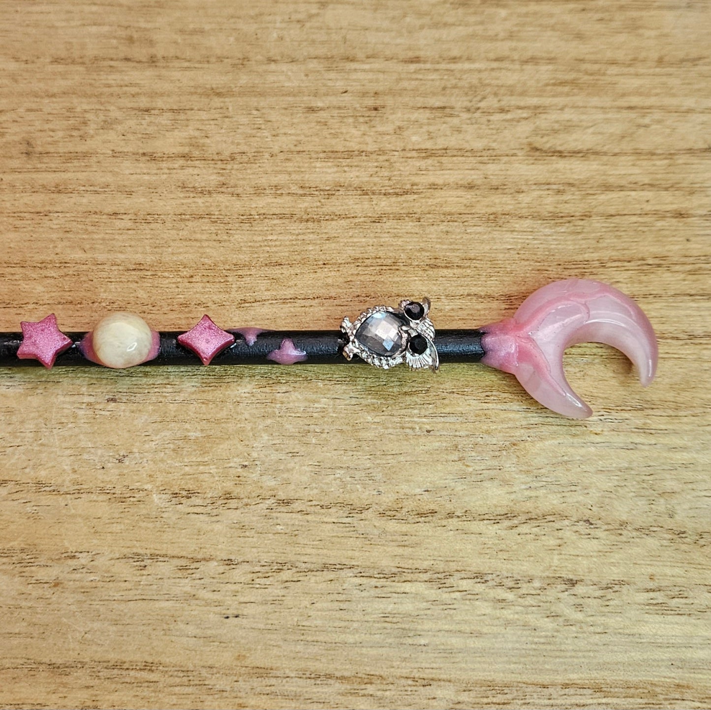 Black Moon Owl Wand. Pink Cats Eye.