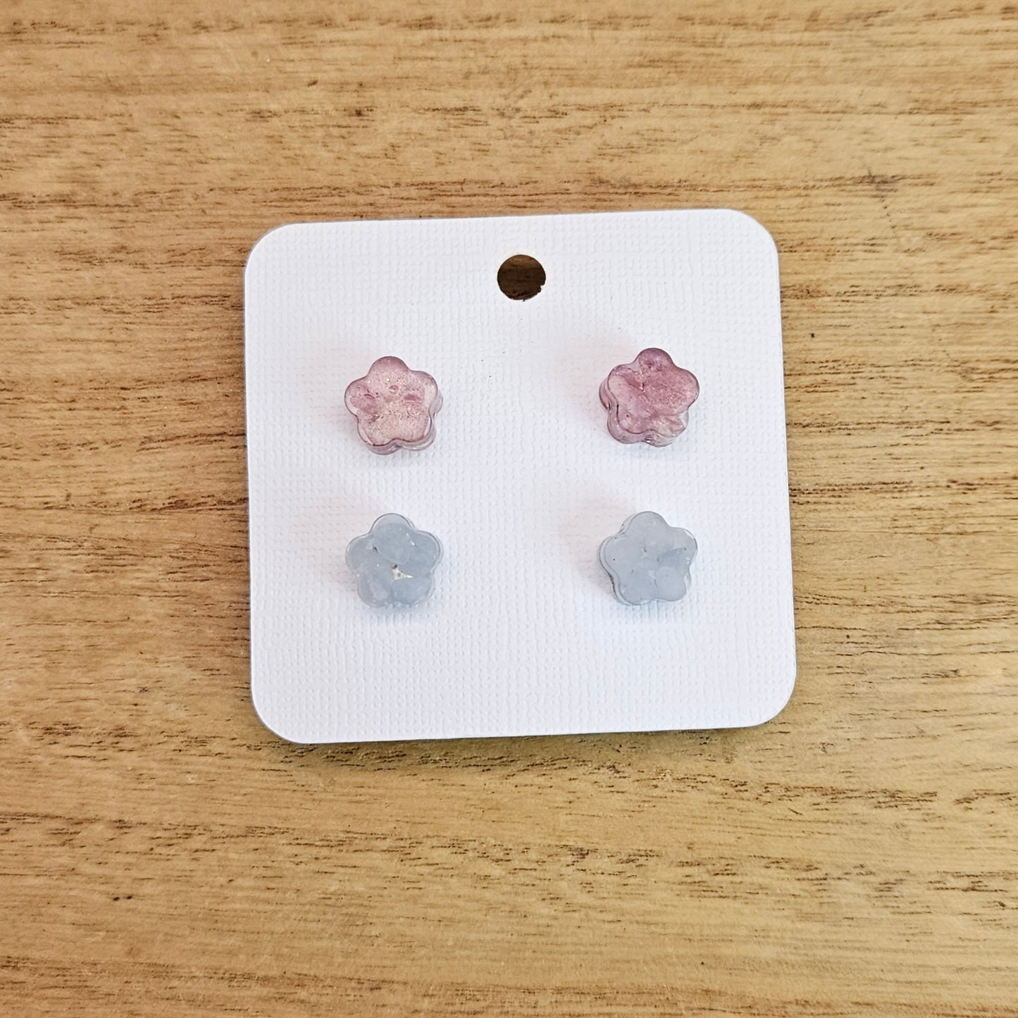 Resin Flower Stud Set. Angelite and Pink Tourmaline.