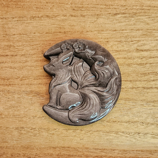 Silver Sheen Obsidian Moon Fox Flat Carving.