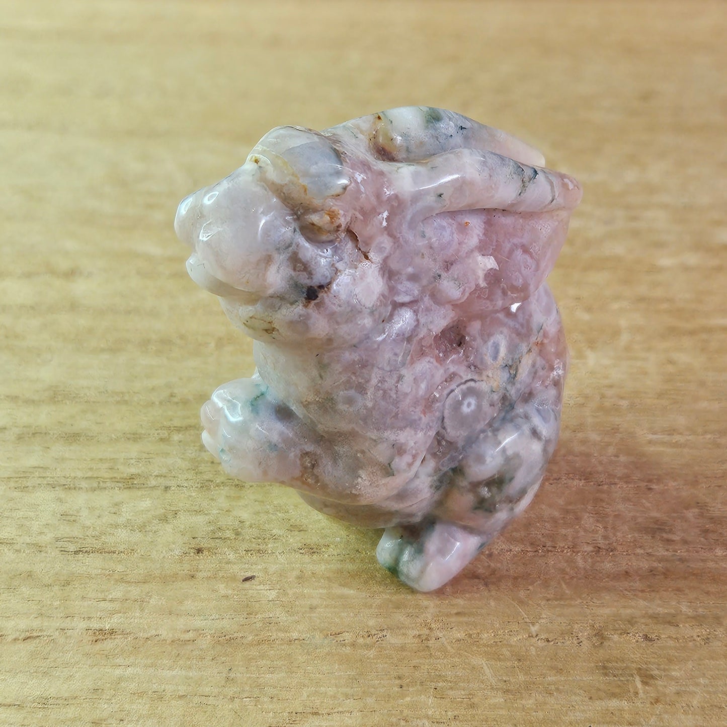 Green Flower Agate Standing Rabbit Carving.