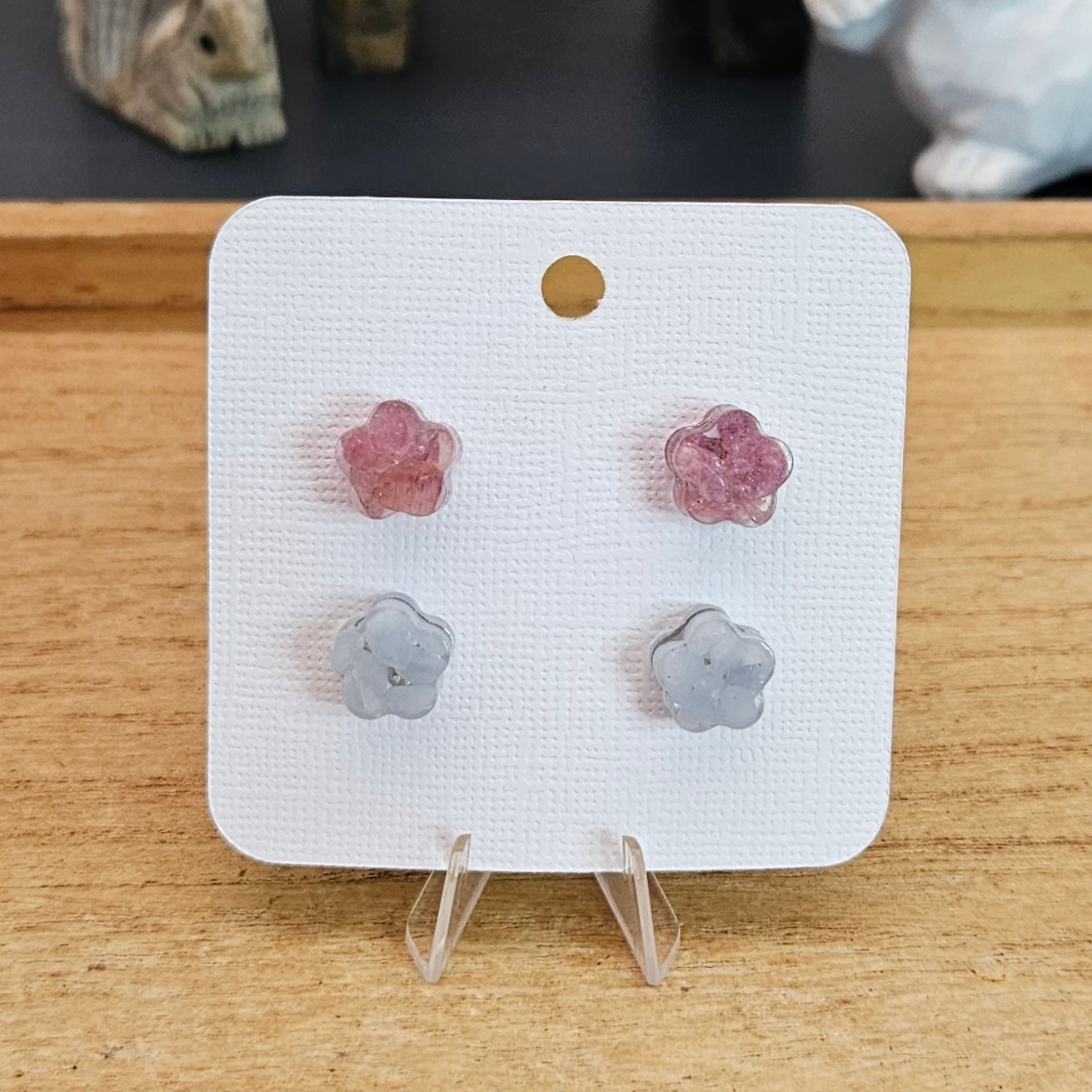 Resin Flower Stud Set. Angelite and Pink Tourmaline.