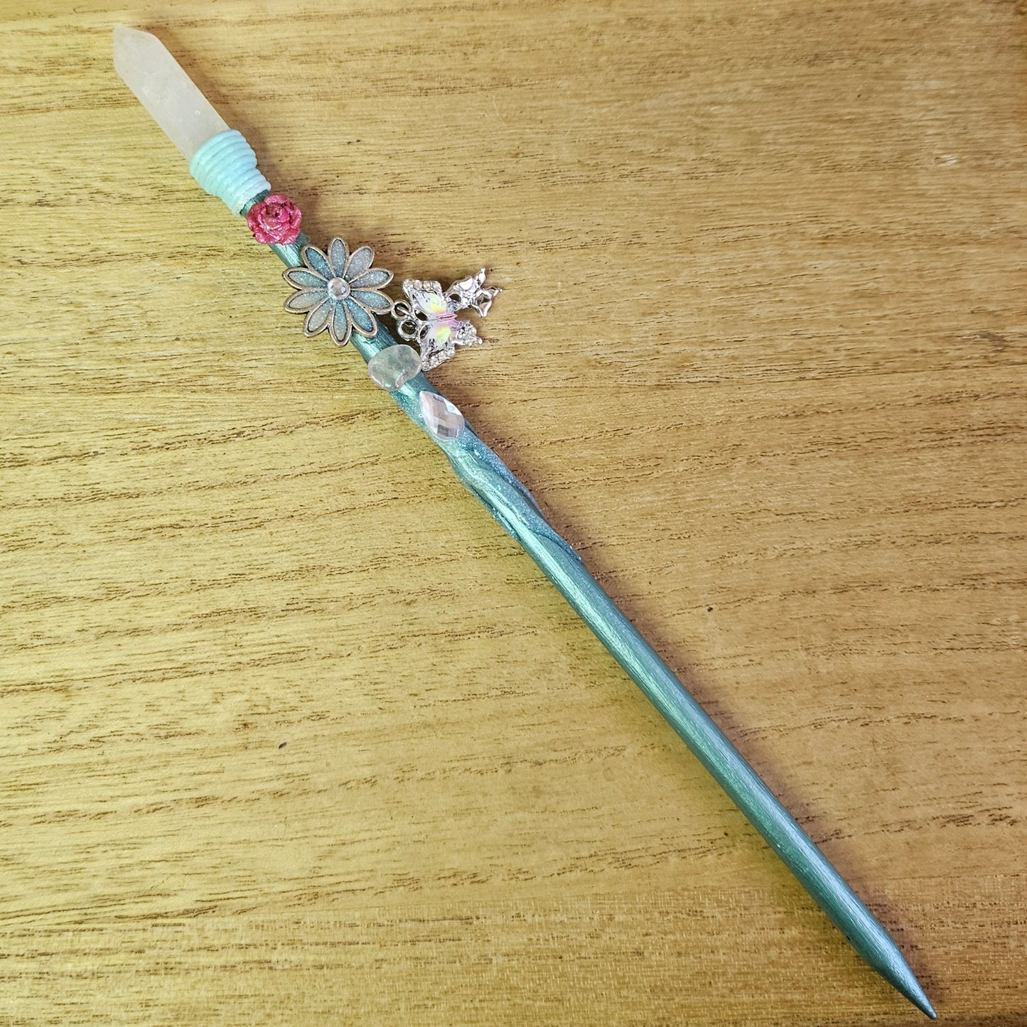 Green Butterfly & Flower Wand. Clear Quartz.