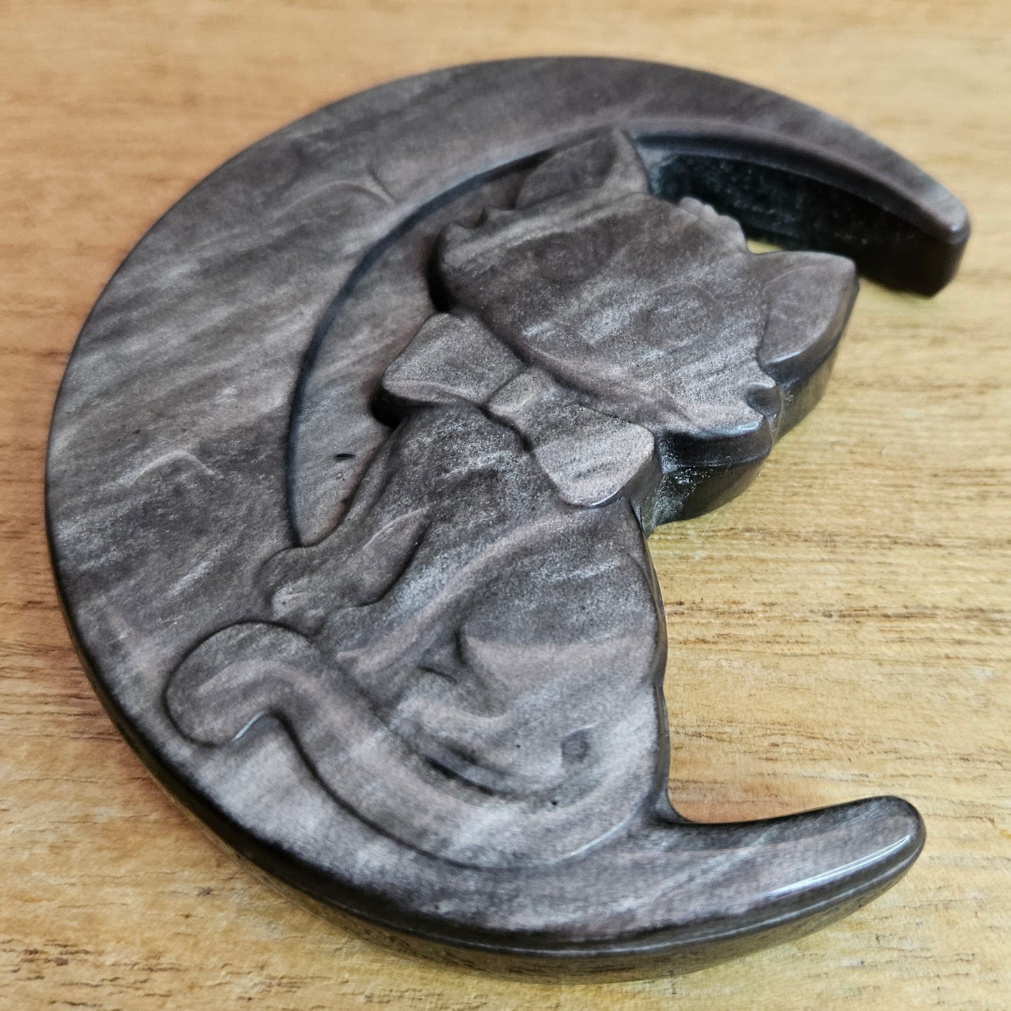 Silver Sheen Obsidian Cat Moon Flat Carving.