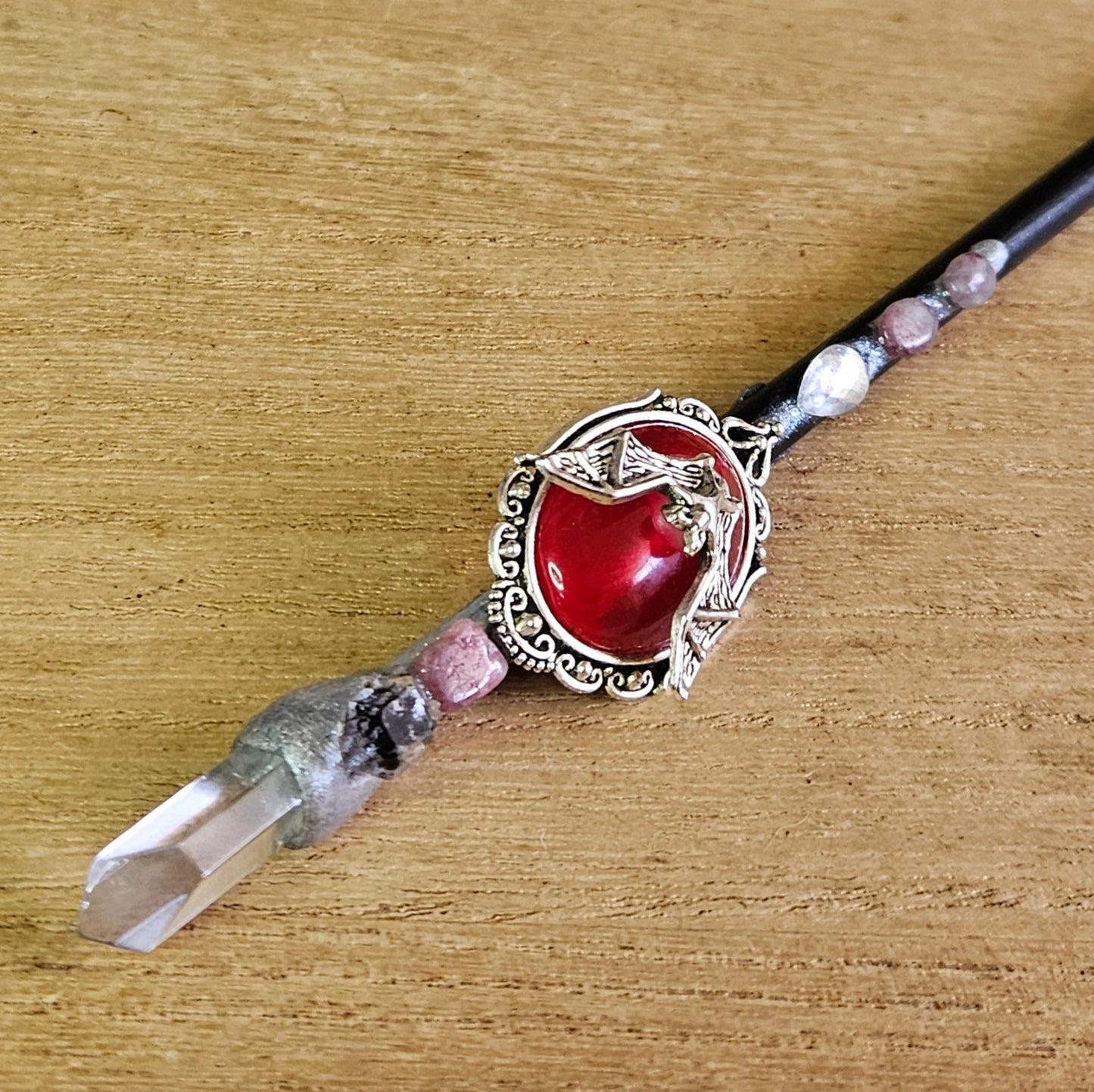 Black Bat Wand. Clear Quartz.