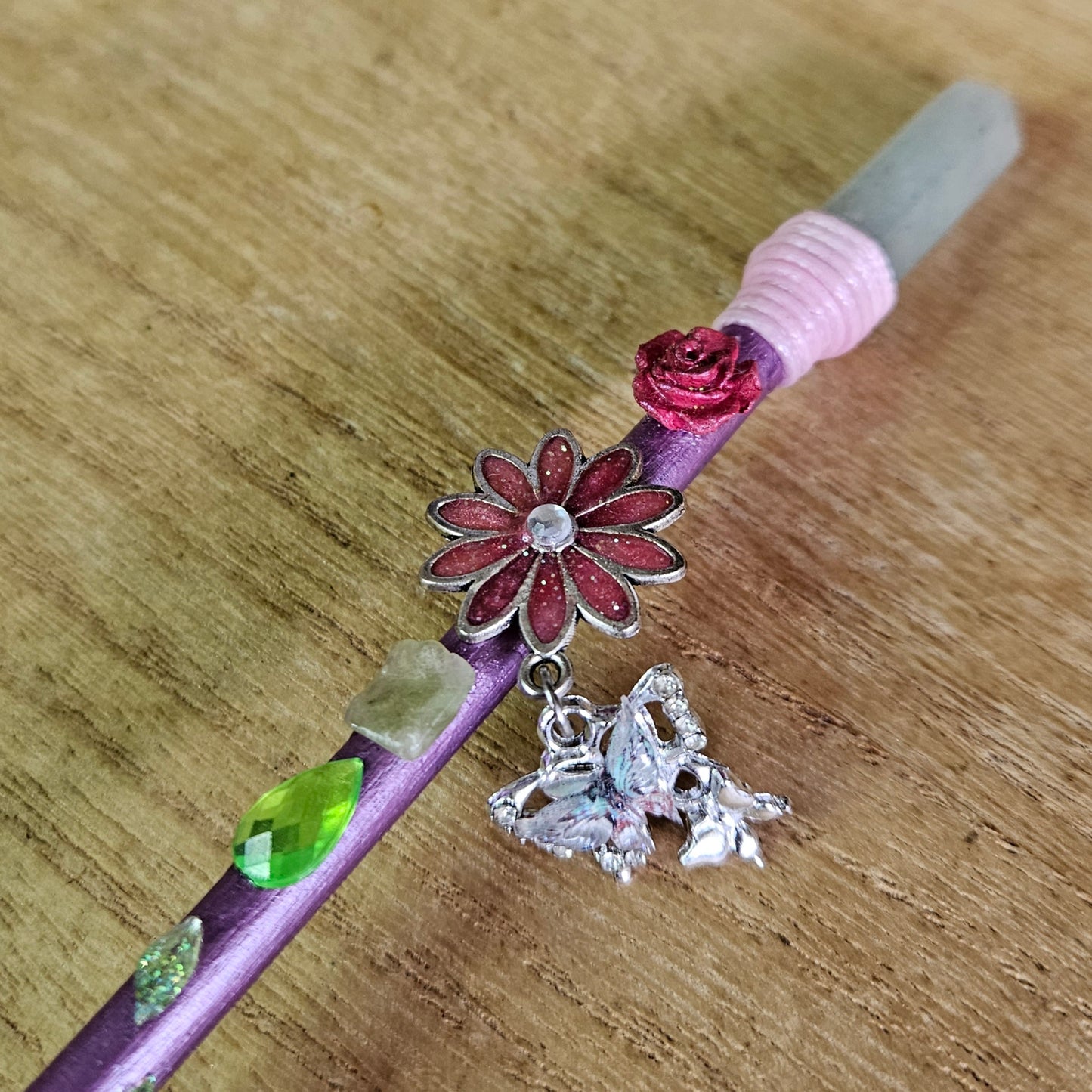Pink Butterfly & Flower Wand. Green Aventurine.