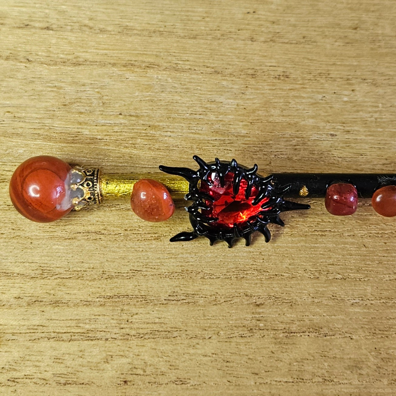 Black and Gold Spiked Heart Wand. Red Jasper.