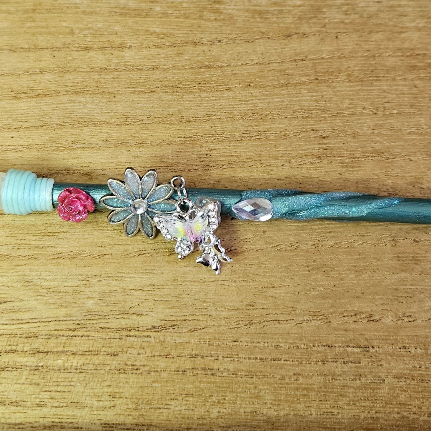 Green Butterfly & Flower Wand. Clear Quartz.