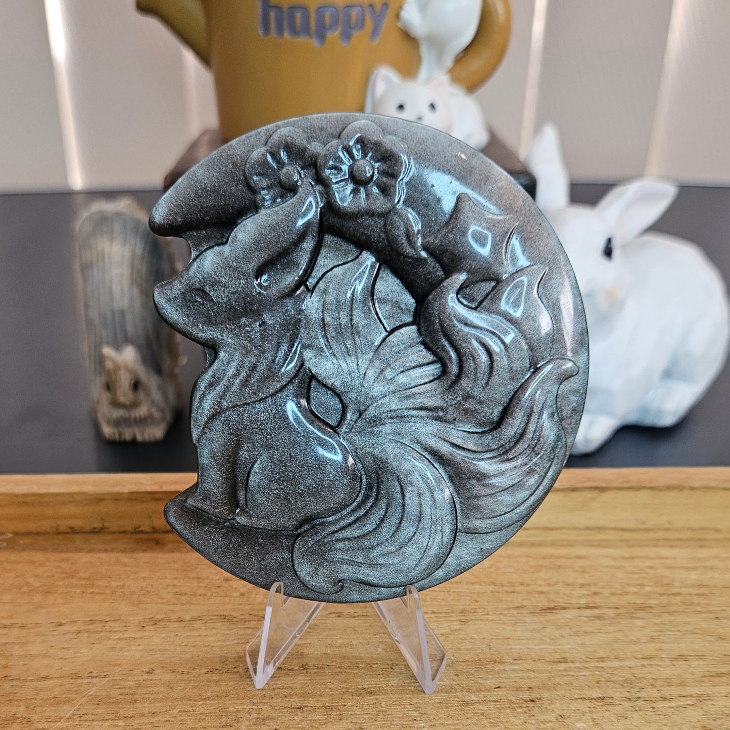 Silver Sheen Obsidian Moon Fox Flat Carving.